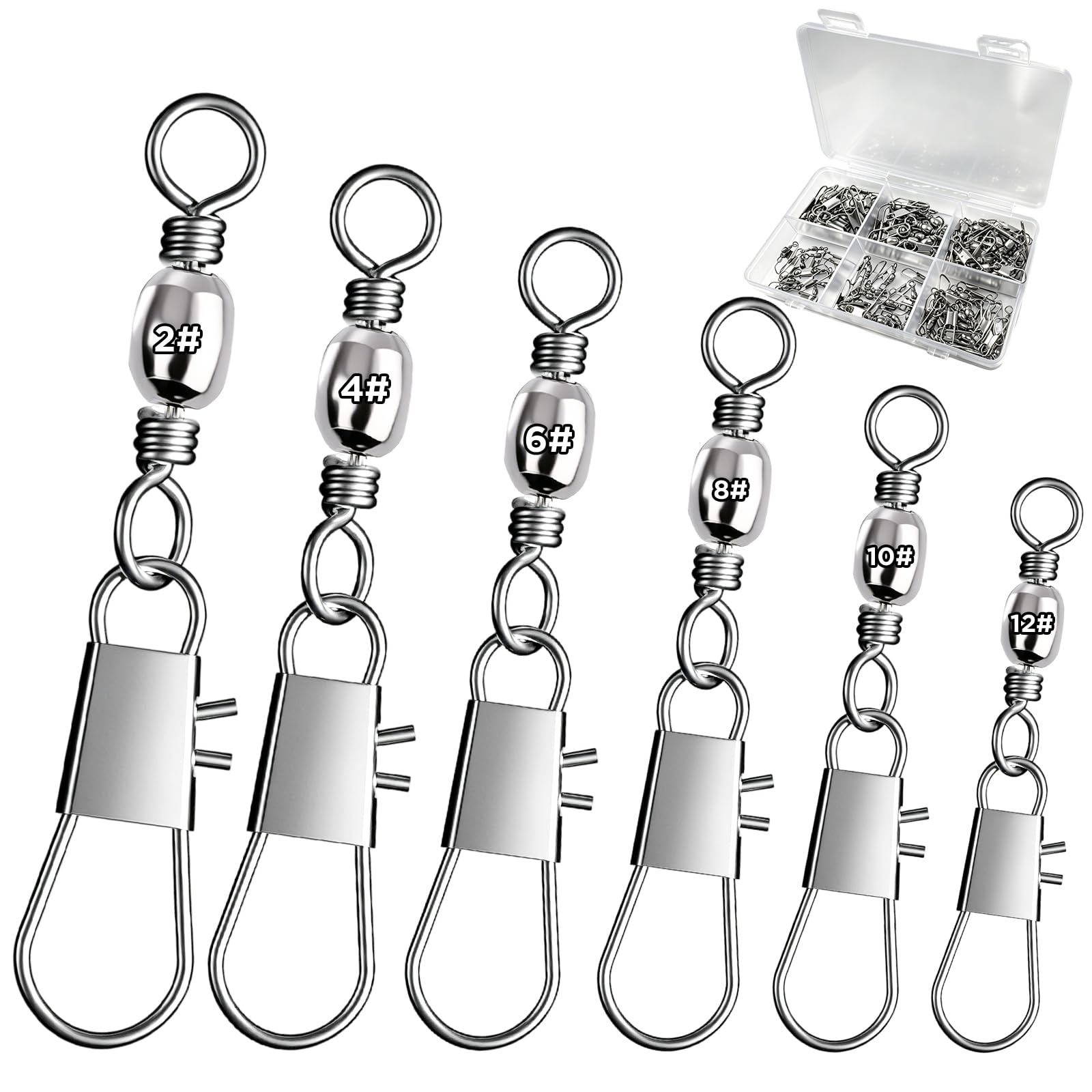 Seconero 100Pcs Fishing Swivels & Snaps Set 6 sizes of Stainless Steel Sea Fishing Tackle Quick Change Connectors with Organiser Box for Saltwater Freshwater Carp Trout Bass Lure Accessories (2# -12#)