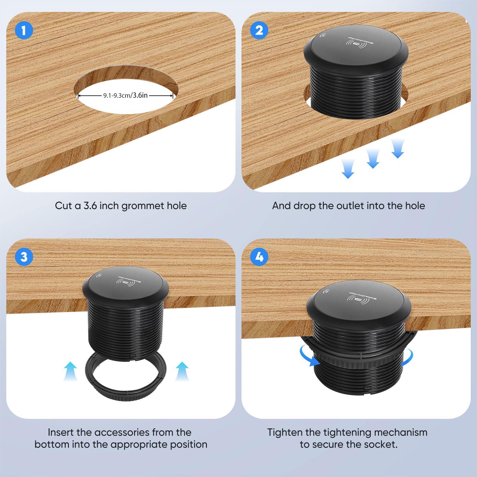 Prise de table escamotable ronde 80 mm avec couvercle, prise de type E (FR), USB-C PD 20 W et USB-A, charge sans fil 15 W, prise encastrée, noire, pour bureau et meubles, câble de 1,5 m