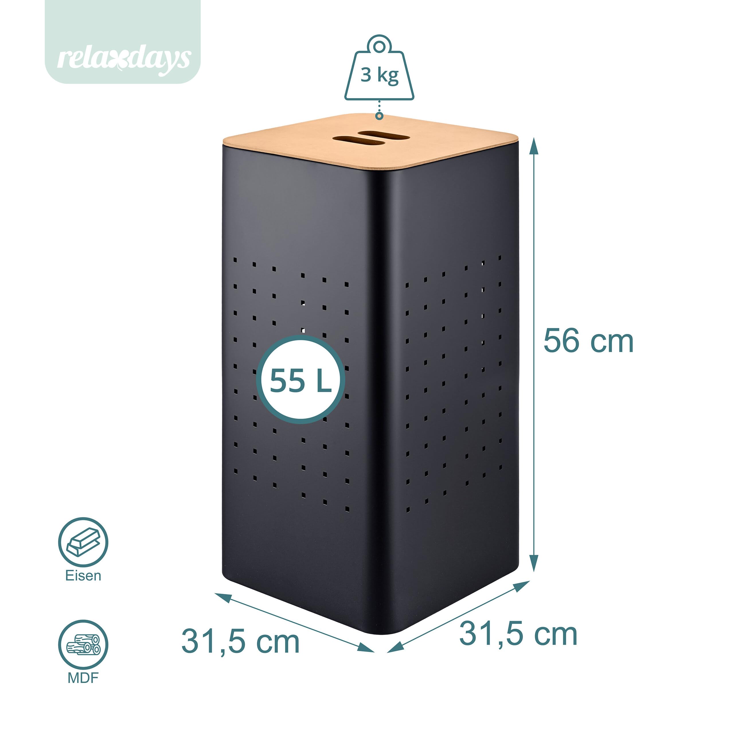 Relaxdays, Wäschekorb mit Deckel, Metall, 55 l, schwarz/natur