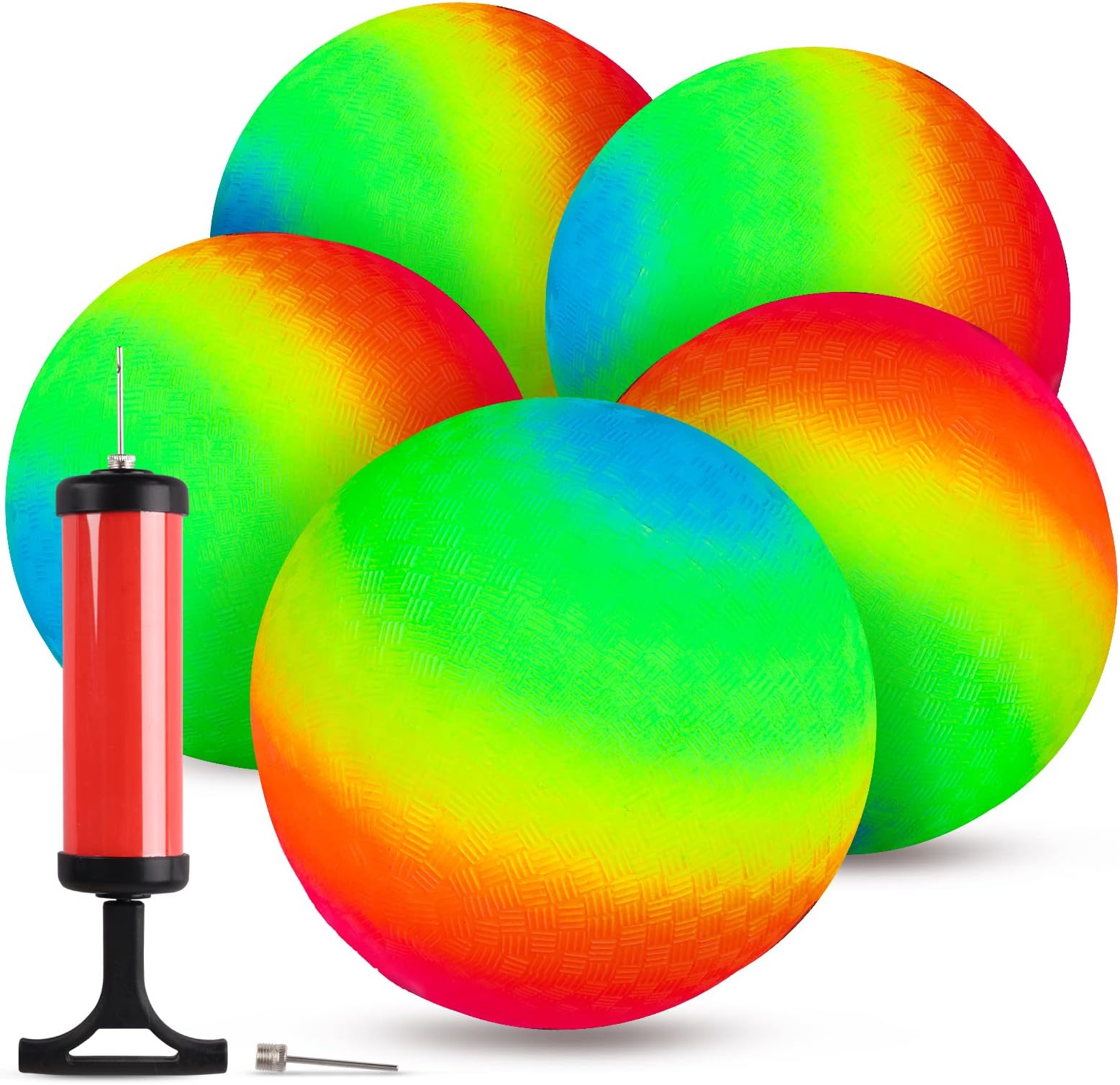 Waenerec 5PCS Rainbow Ball 8.5Inch Rubber Bouncy Playground Dodgeball Balls for Toddlers 4-8 Kids Adults Outdoor Balls Kickball Handball Four Square Balls with Hand Pump