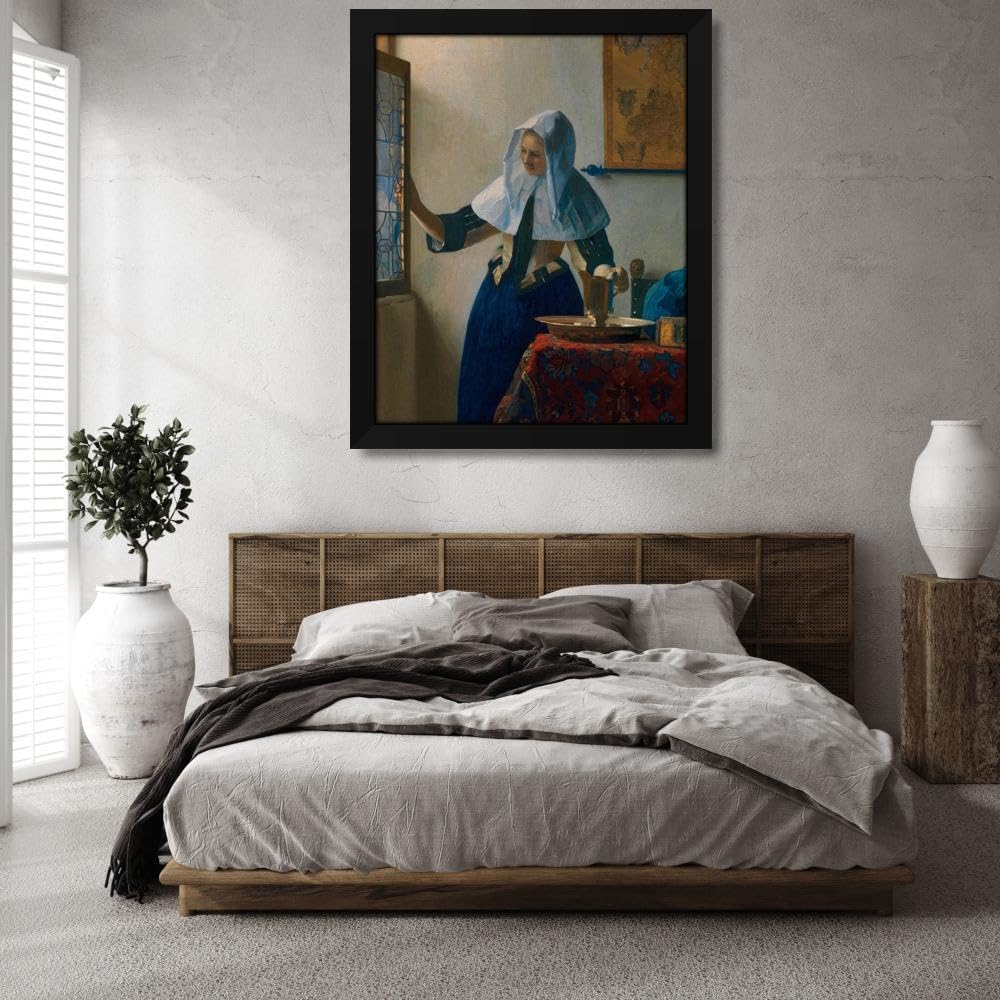 Vermeer, Johannes 36x45 Huge Black Modern Framed Canvas Art Print Titled: Young Woman with a Water Pitcher