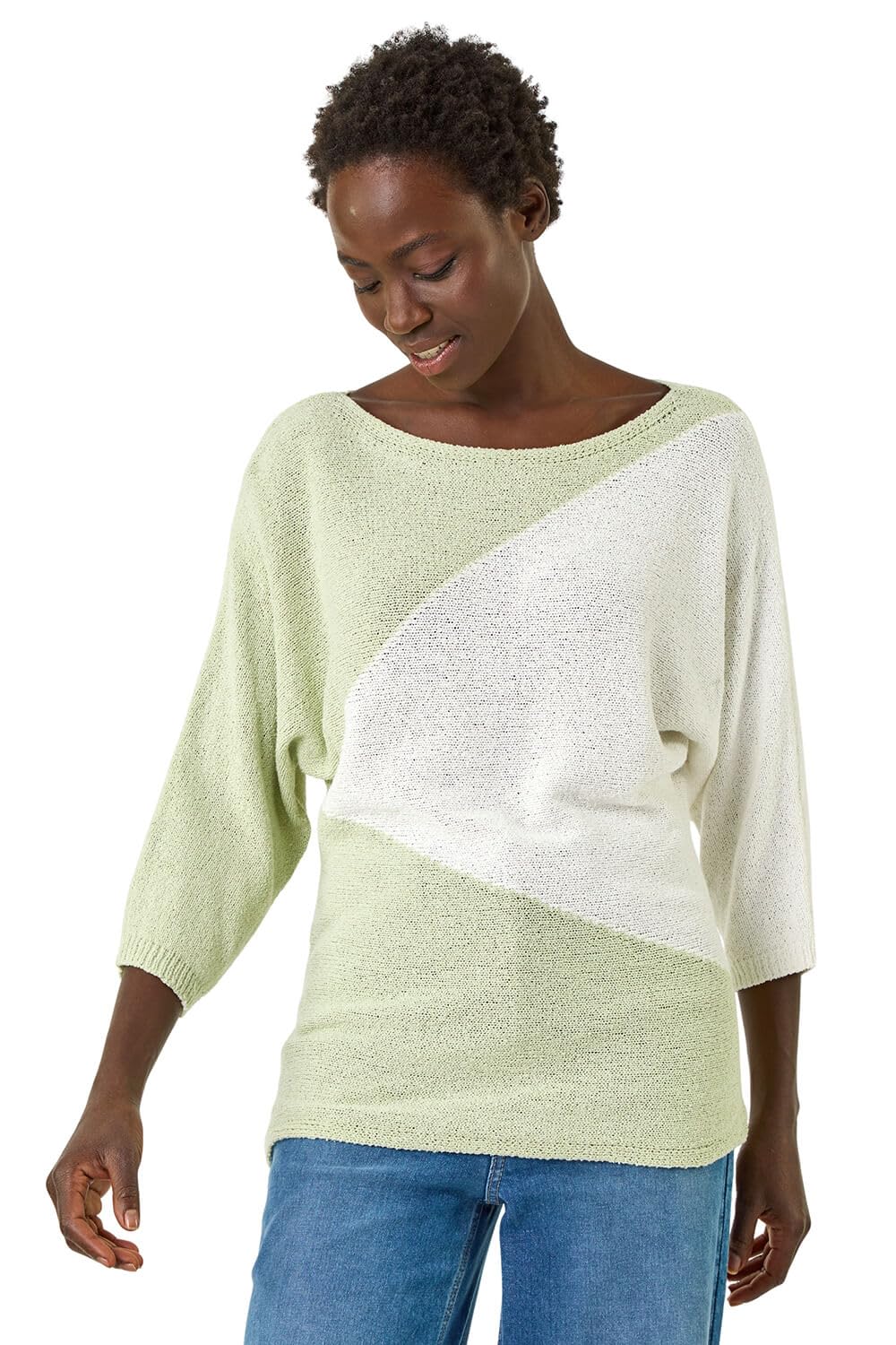 Roman Originals Women's Green 3 Colour Block Jumper For Uk - Everyday Holiday Spring Summer Shaped Neckline Comfy Soft Evening Vacation Work Party - Pale - Size 12