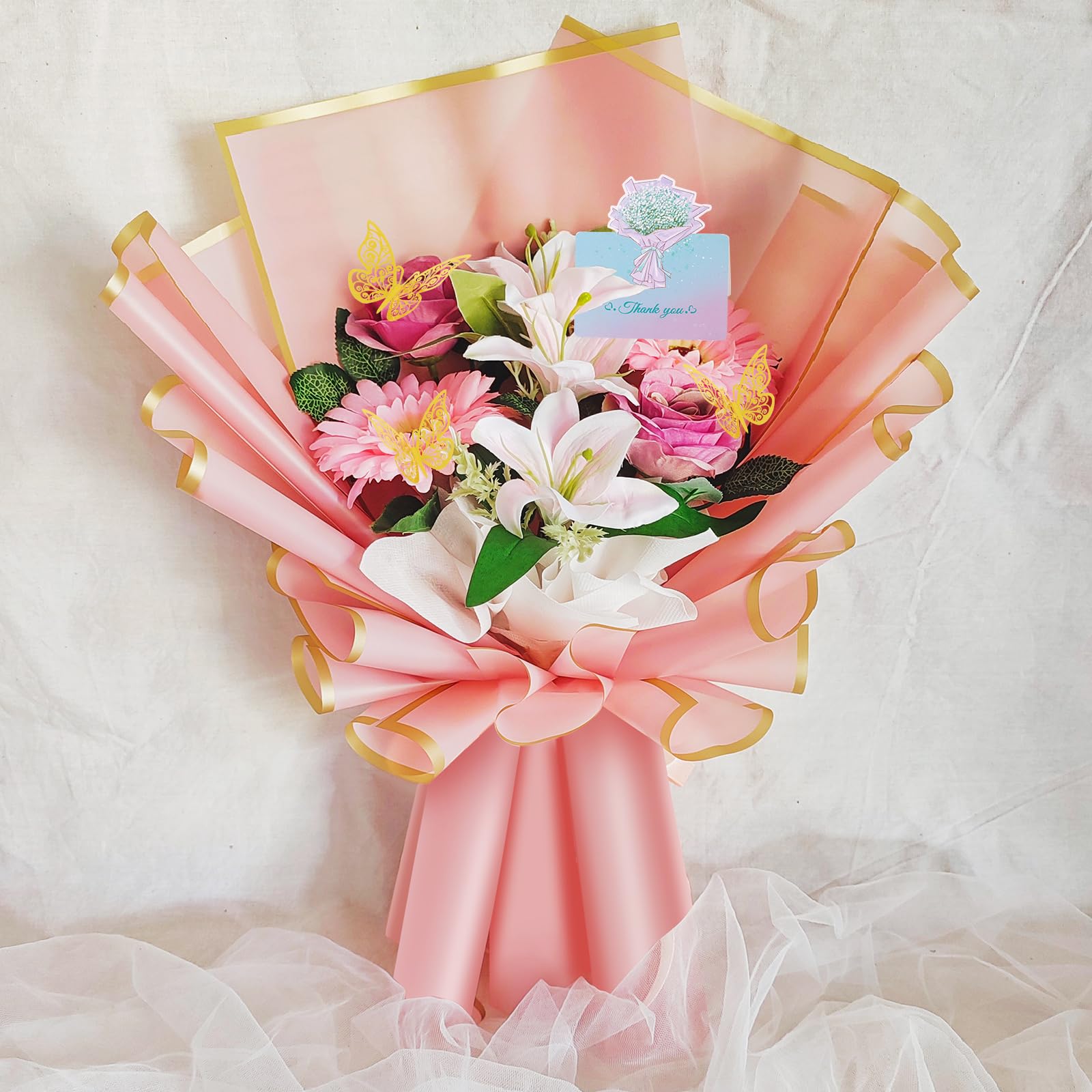 homdat Blumenstrauß Papier Set, bestehend aus 100 Blatt Geschenkpapier mit Blumenmuster, Bändern, Grußkarten, Diamantbroschen, 3D-Schleifen und Blumenkränzen zum Verpacken von Blumengeschenken,58 cm