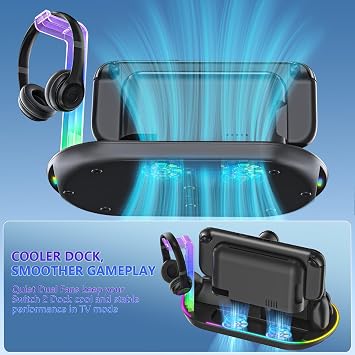 Charging Station for Switch 2 with Cooling Fan DOBEWINGDELOU Controller Charger for JoyCons and Pro Dock Stand with RGB Light 2 USB Ports 7 Game Card Slots LED Indicators