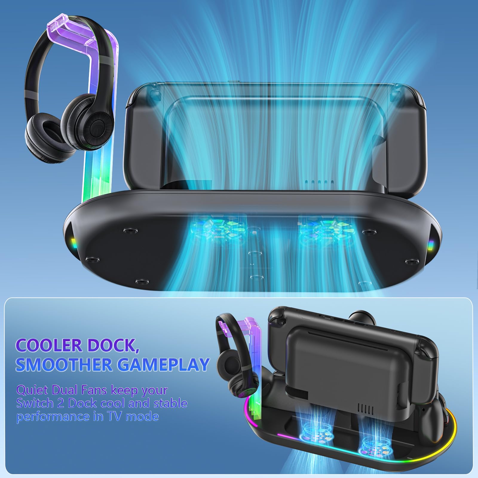 Estación de carga para Switch 2 con ventilador de refrigeración DOBEWINGDELOU Controlador Cargador para JoyCons y Pro Dock Stand con luz RGB, 2 puertos USB, 7 ranuras para tarjetas de juego