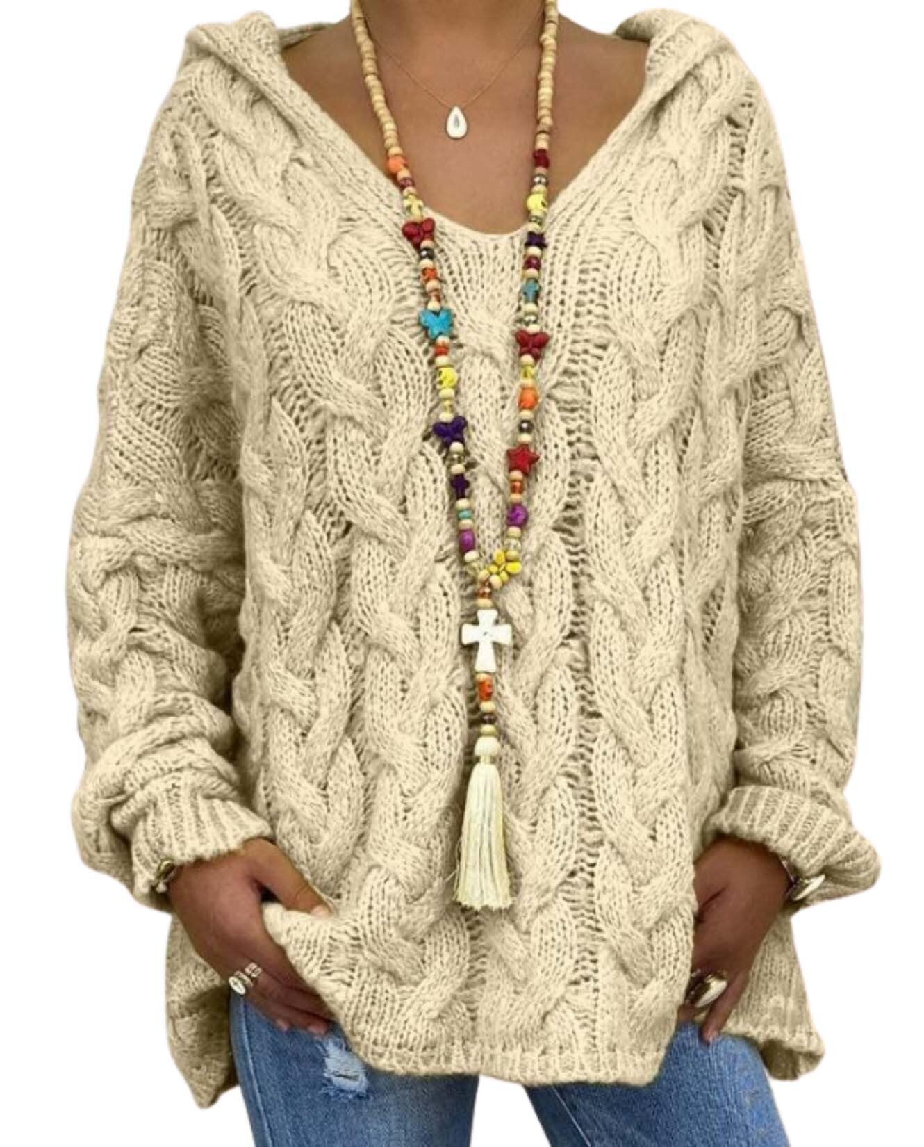 Oversized Sweaters for Women Long Sleeve V Neck Hooded Loose Fit Cable Knit Chunky Sweater Winter Warm Pullover