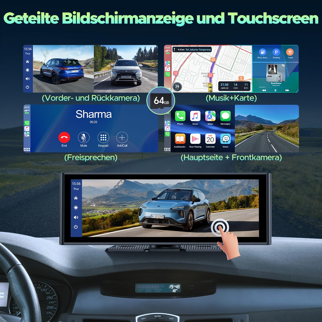 Lamto Autoradio für Apple Carplay Android Auto mit Dashcam Vorne Hinten 4K+1080P, 9,26 Zoll Tragbarer Wireless Carplay Screen Autoradioempfänger mit Bluetooth 5.0/FM/Siri/Go0gle/Mirror Link/64G TF/AUX