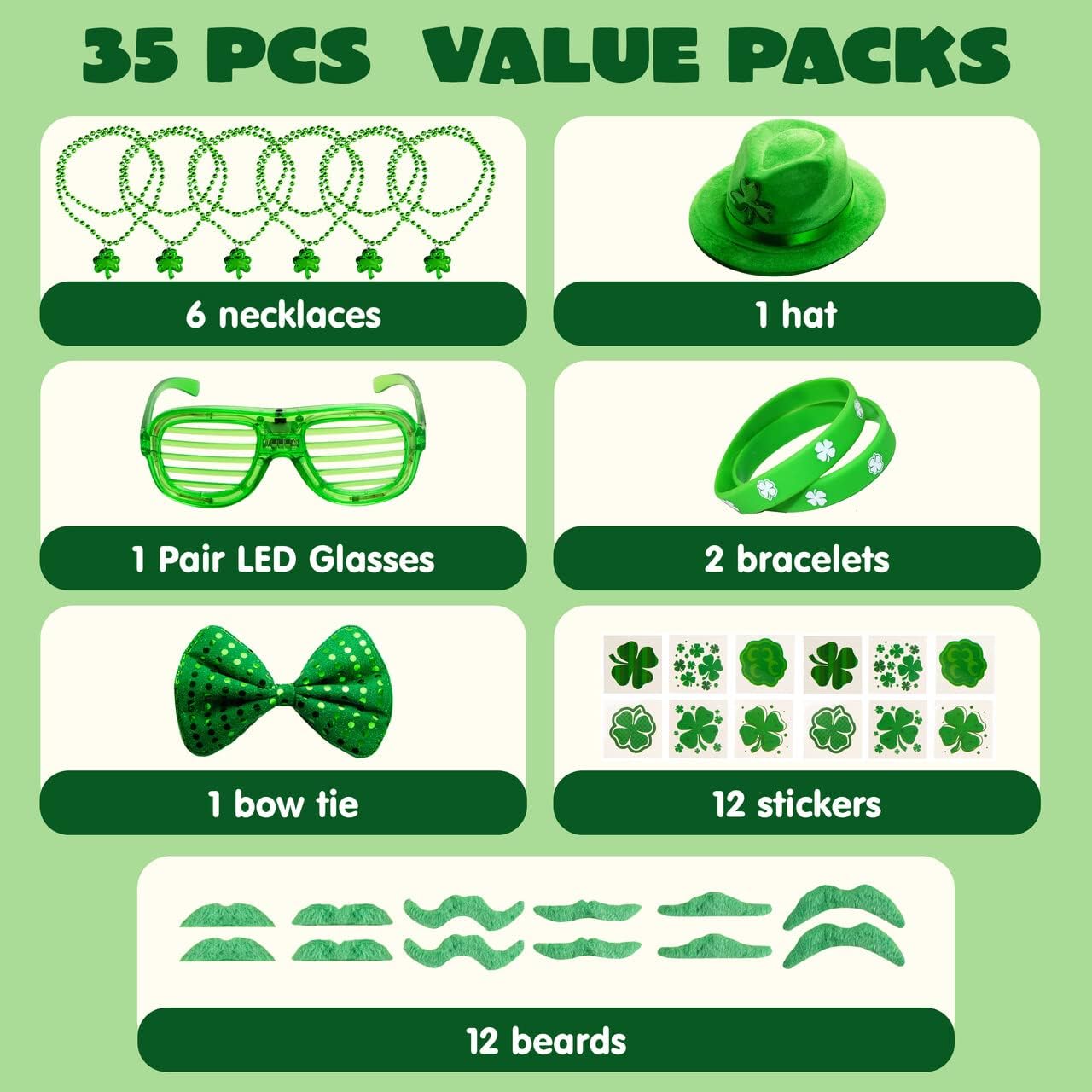 JOYIN 35 Pcs St. Patrick's Day Accessory Saint Patricks Party Favors with St Patricks Shamrock Fedora Hat, Beads Necklace Mustaches Sequin Bow Light-up Glasses Temporary Tattoos and Rubber Bracelets.