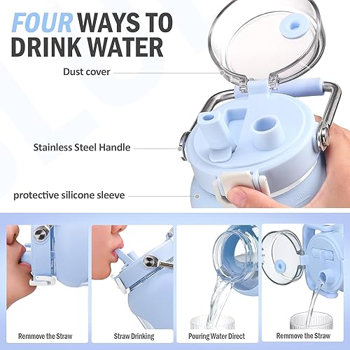 Miniatura 4 de BLUEGO Botella de agua de vidrio de 84 onzas con dos popotes y mango de acero inoxidable, botella de agua motivacional grande con funda de silicona,
