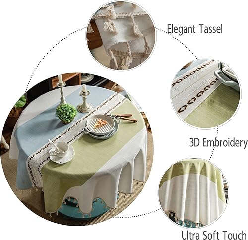Miniatura 3 de Mantel redondo rústico de lino de algodón a rayas con borlas, mantel resistente para mesa de cocina, comedor, decoración de Navidad (azul y verde,
