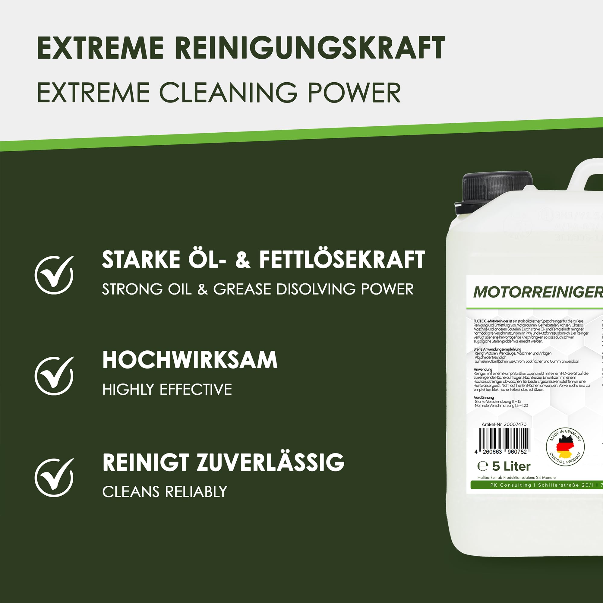 4x5L Motorreiniger - Konzentrat – Reiniger-Konzentrat für den Motor - Motorraum Reiniger & Entfetter - Motorsystemreiniger & Pflege von Auto, Motorrad & anderen Kfz