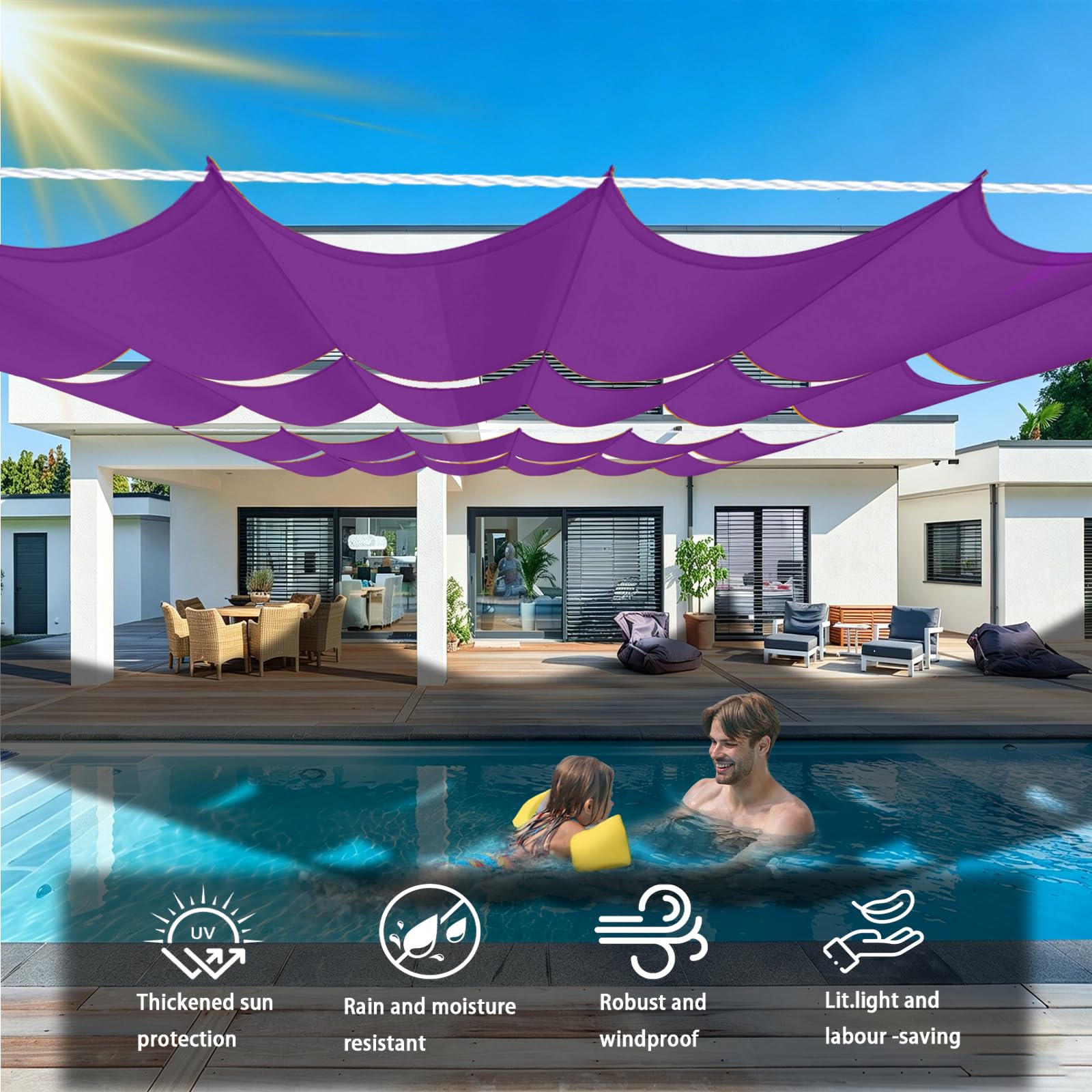 Toldo Corredero 1.2 x 15 m Impermeable, 98% Rayos UV Resistente Al Desgarro, Toldo de Tela Sombra, Terraza Vela Sombras, con Ojales y Cuerdas para Balcon, Patio, Morado
