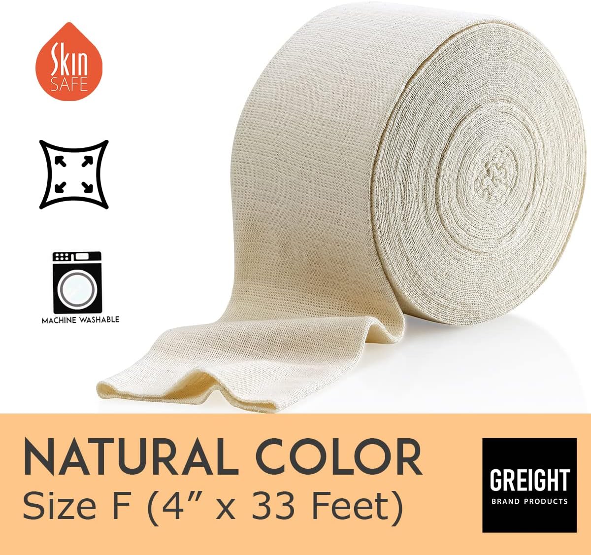 Elastic Tubular Support Bandage - Reusable Elastic Bandage Sleeve, Tubular Compression Bandage Roll for Leg, Knee, Thigh, Arm & Elbow - Cotton Spandex, Natural Color (F (4 Inches x 33 Feet))