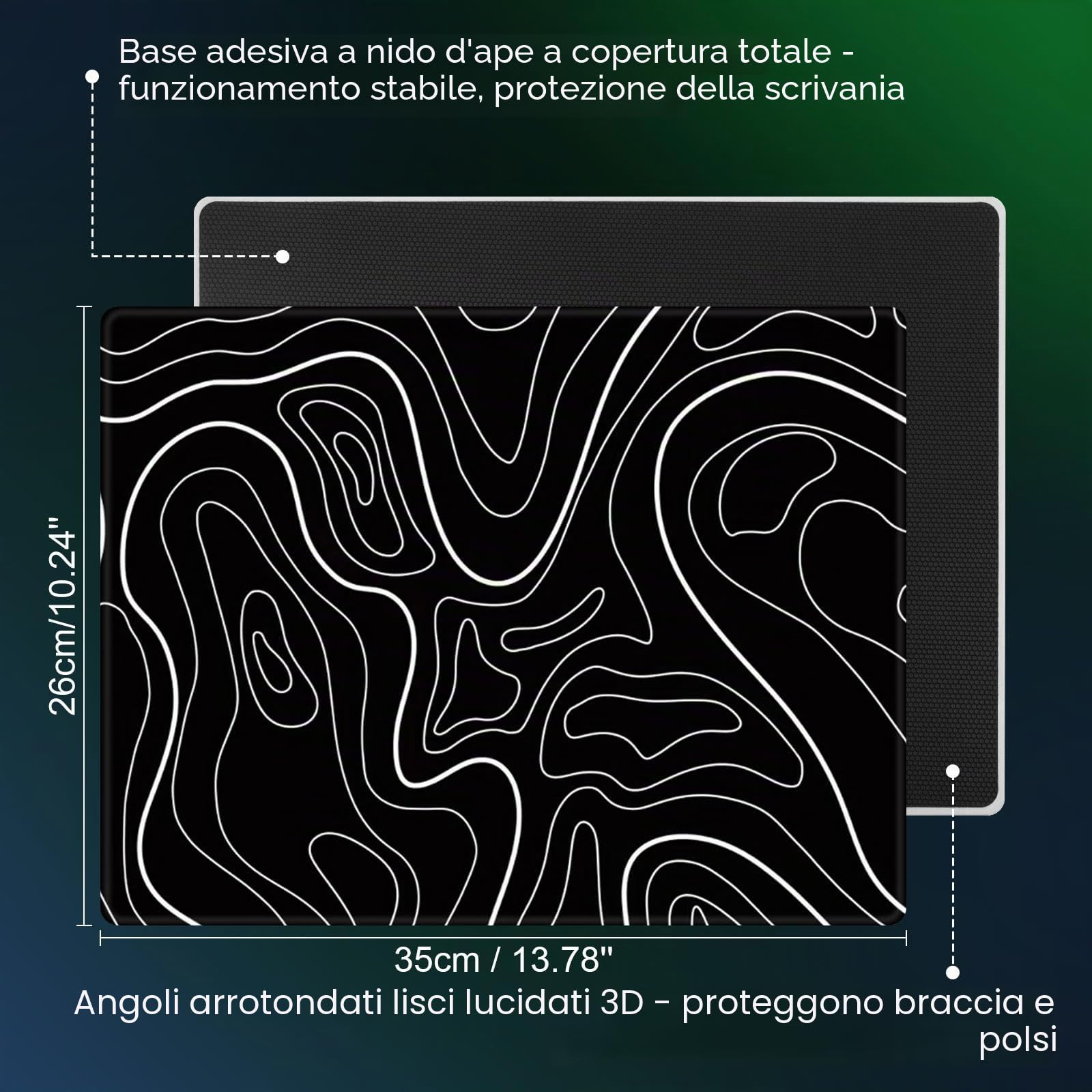 DAWNTREES Tappetino per mouse da gioco in vetro, tracciamento preciso e veloce, in vetro temperato, base in gomma antiscivolo, tappetino XL per gamer, ufficio e casa, topografico nero