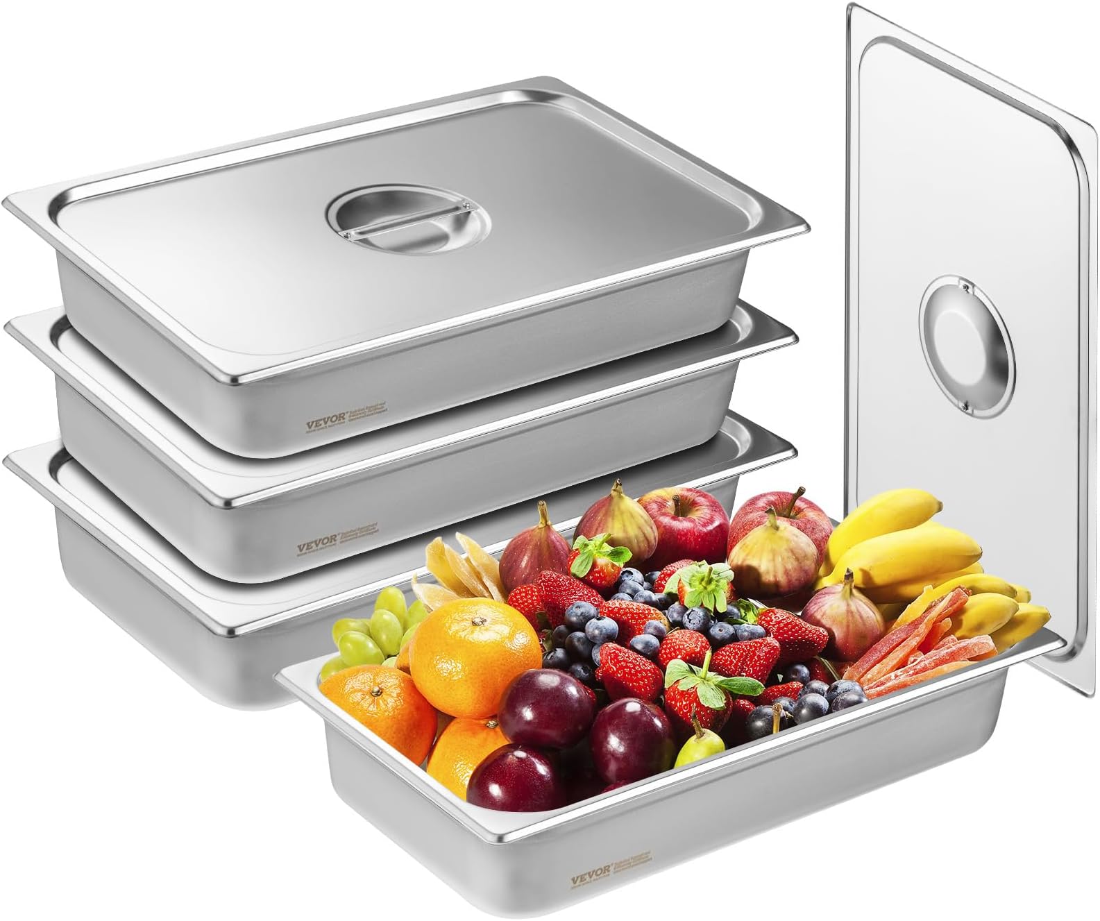 VEVOR 4 Pack Hotel Pans, Full Size Anti-Jam Steam Pan with Lid, 0.8mm Thick Stainless Steel Steam Table Pan, 4-Inch Deep Commercial Table Pan, Catering Storage Food Pan, for Industrial & Scientific