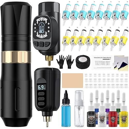 Tattoo Gun Kit Wireless Tattoo Machine Pen Kit with 2 Batteries 16 Cartridge Needles 7 Ink Colors for Complete Rotary Tattoo Supply HW-TK1005-1
