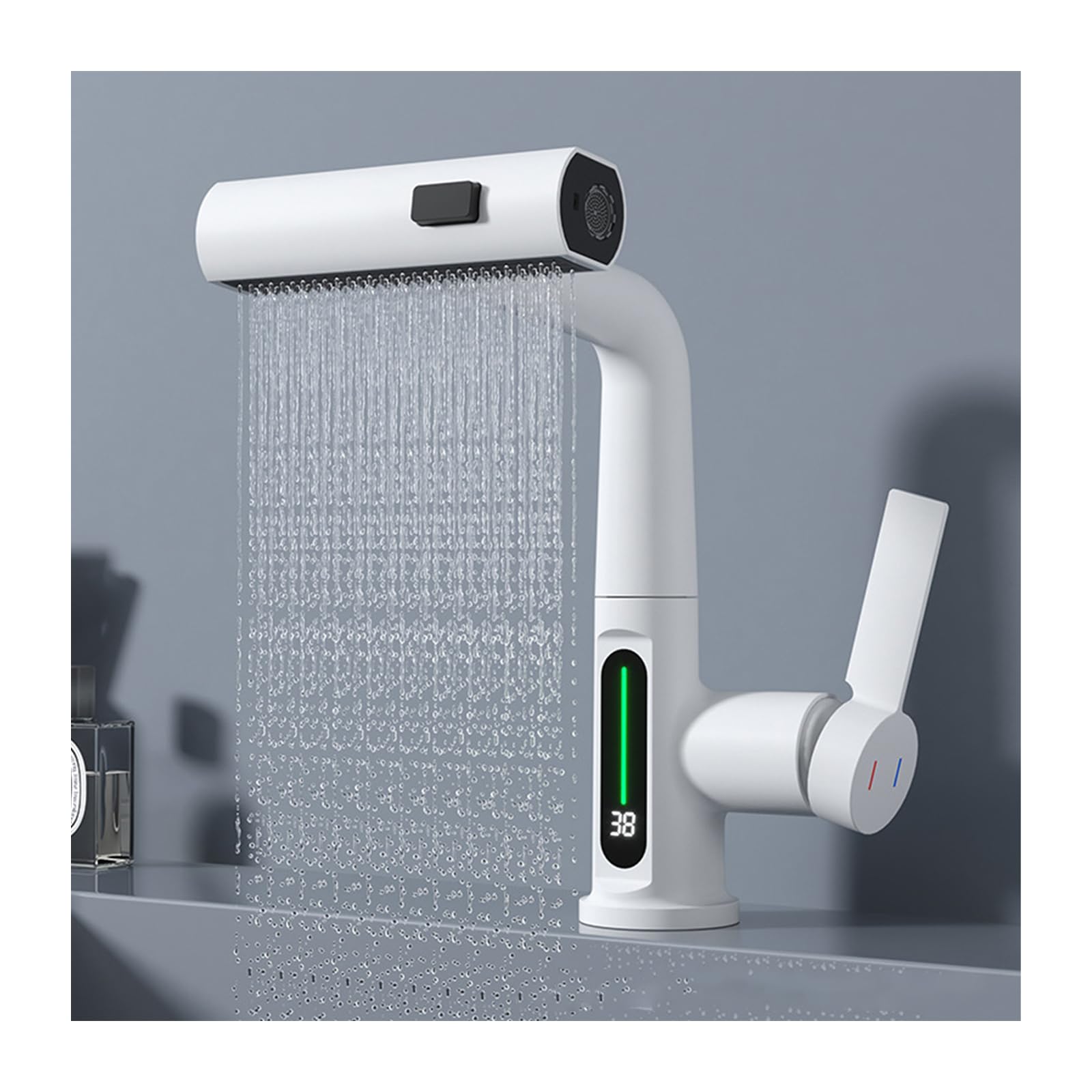 SOHNVWTGD Modern LED Temperature Display Liftable Waterfall Bathroom Sink Faucet with Pull Down Sprayer Single Hole Basin Mixer Tap in White
