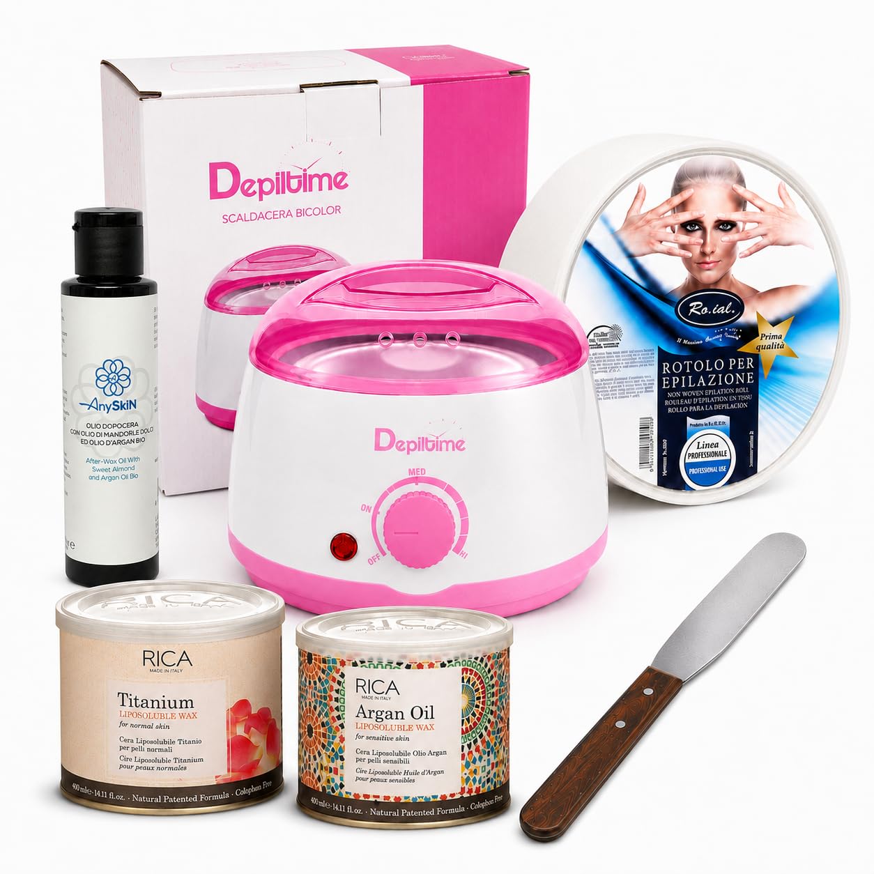 KIT DEPILACIÓN ANYSKIN> CALENTADOR DE CERA + 2 CERAS FLORERO LIPO + DESPUÉS DE LA CERA ANYSKIN + ROLLO DE DEPILACIÓN + ESPATULA DE CERA