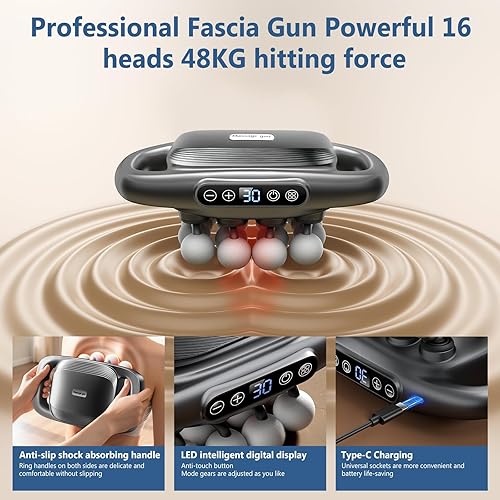 Miniatura 6 de Kit de pistola de masaje de 16 cabezas, con 3 modos y 30 niveles de fuerza ajustable, masajeador eléctrico de tejido profundo para cuello, hombros,