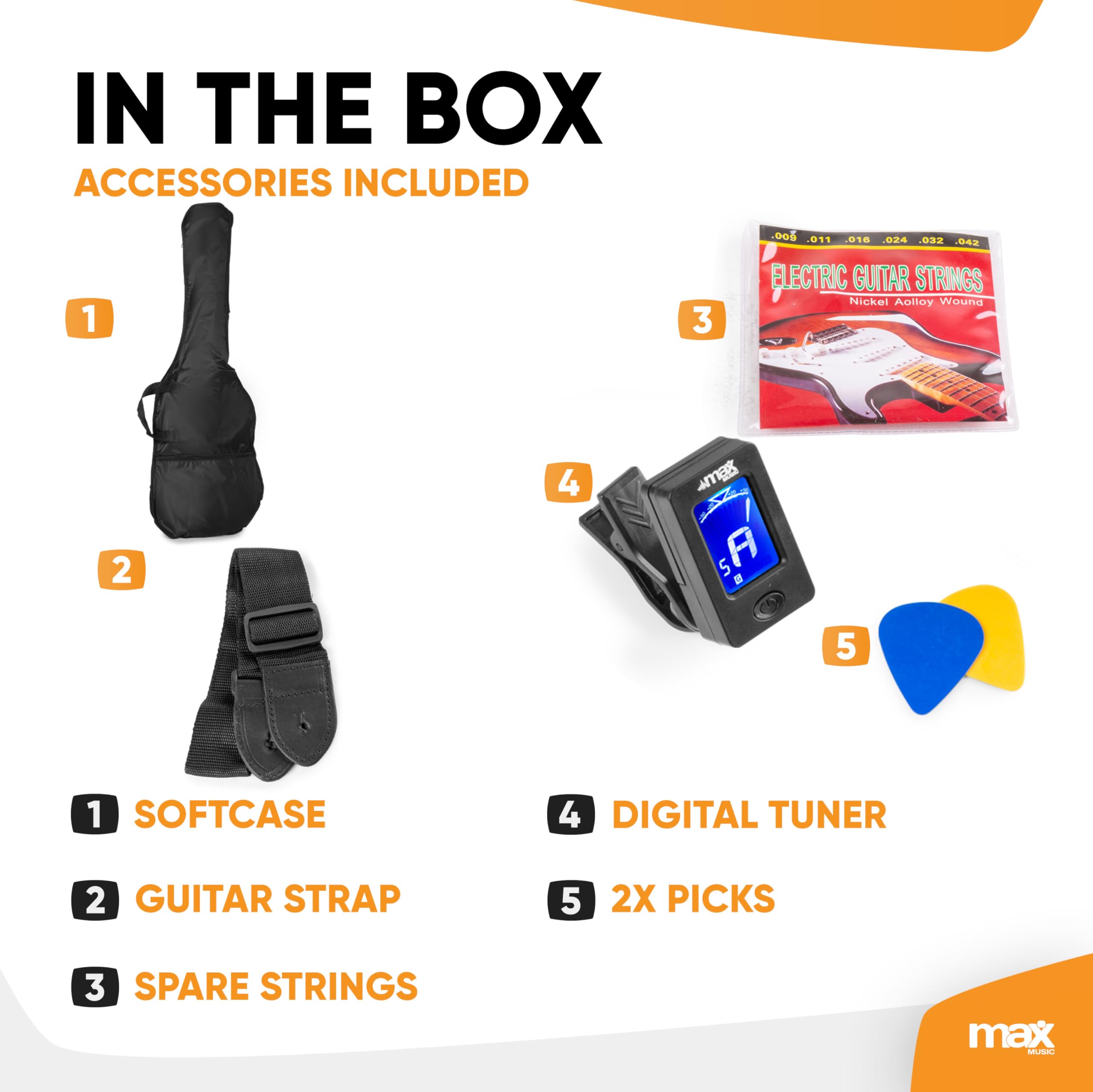 MAX GIGKIT Guitare Électrique Gaucher Noire - Pack Complet Débutant avec Ampli 40 Watts, Nombreux Accessoires Inclus, Housse, Accordeur, Sangle, Médiators, Cordes, Idéale pour les Débutants