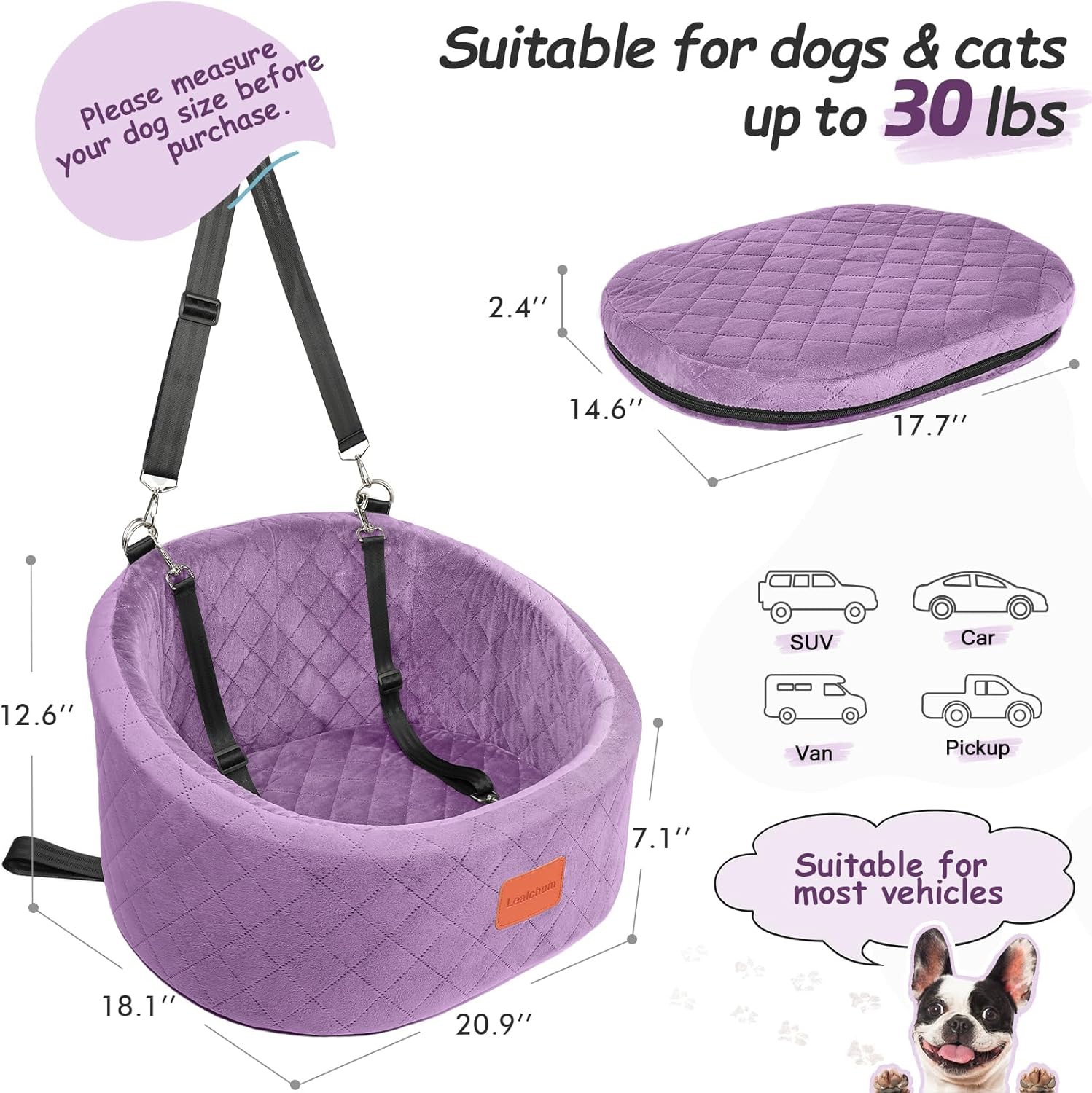 Lealchum Dog Car Seat for Small Dogs Up to 30 Lbs,Ultra Soft Fabric Fill in Comfy Memory Foam,Happy Pet Ride,2 Safety Dog Leashes,Fully Detachable and Washable,Anti Slip Base(Purple)