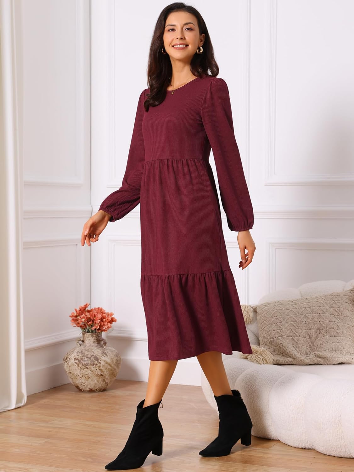 Seta T Women's Tiered Dresses Long Sleeve Round Neck Knit A-Line Casual Midi Dress with Pockets - Image 3