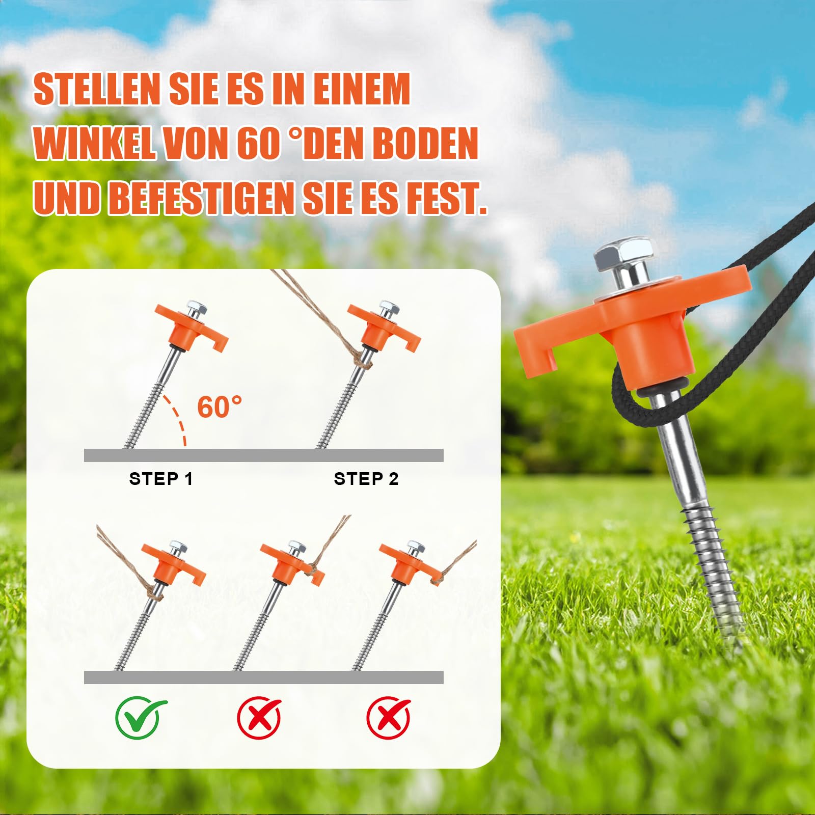 12 Estacas De Camping Con Rosca: Resistentes, Visibles Y Con Extractor Incluido (naranja)