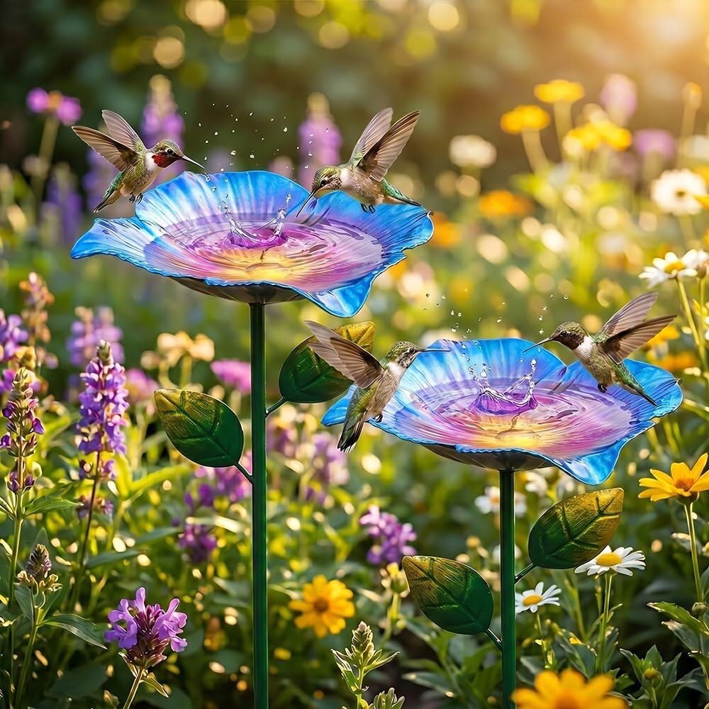 sloiaz Handmade Metal Flower Garden Stake, Colorful Butterfly Bee Water Feeder Bird Bath Bowl, Hummingbird Fountain Bee Watering Station Outdoor Yard Garden Decor(Blue,2PCS)