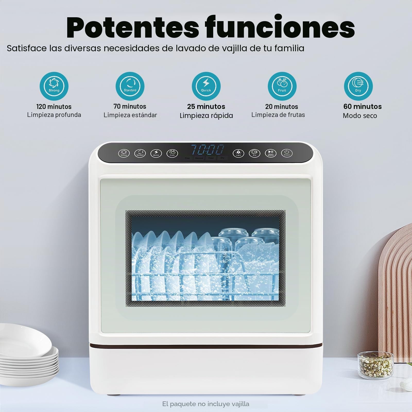 Mini Lavavajillas, Lavavajillas de Mesa para 4-6 Personas, Lavavajillas de Mesa Energéticamente Eficiente con 4 Programas, Secado por Aire Caliente y Antibacteriano por 72h, Blanco
