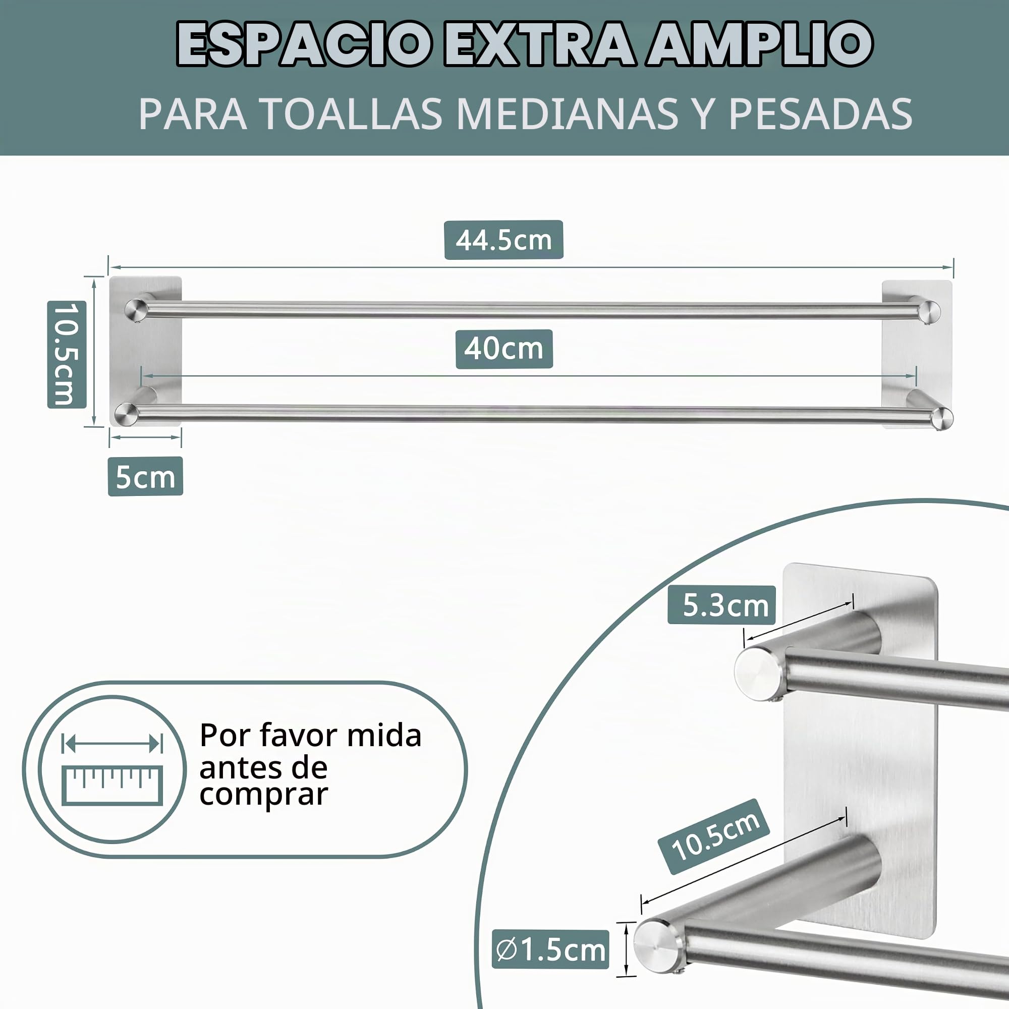 Toalleros de Baño sin Taladro, Doble Toallero Adhesivo de SUS304 Acero Inoxidable, Toallero Pared Antioxidante y Resistente a los Arañazos, Apto para Baño y Cocina (Cepillado Plata, 40cm)