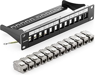 deleyCON 12 Port CAT7 Patch Panel Set Patch Panel Distribution Panel Modular 1 U 10 Inch Rack Installation + 12x CAT 7 Keystone Module RJ45 LAN Network 10 Gbit/s 600 MHz Installation Cable Black