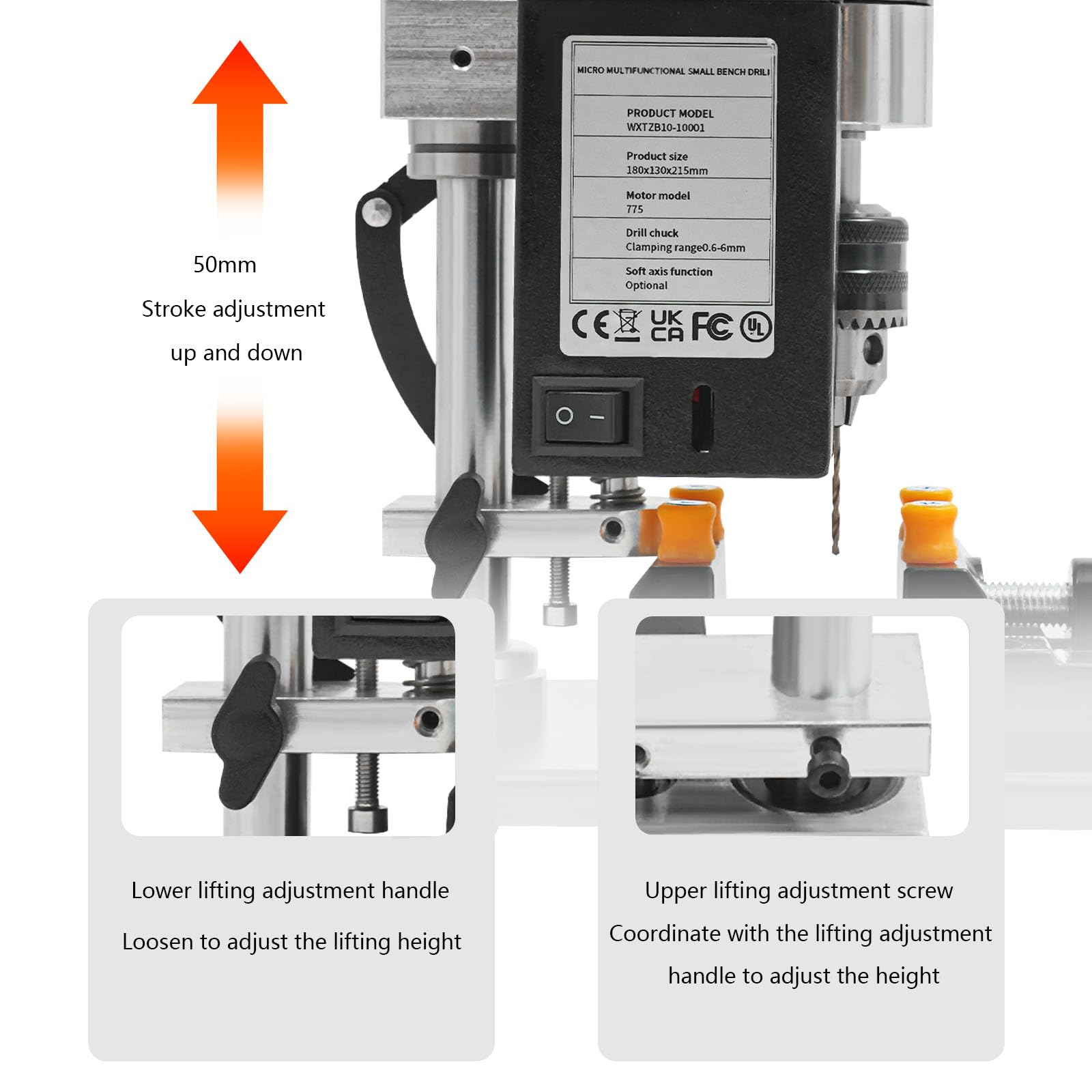 Mini trapano a colonna, potenza 250 W, regolabile in 7 livelli, corsa 50 mm, trapano elettrico a supporto per metallo, legno