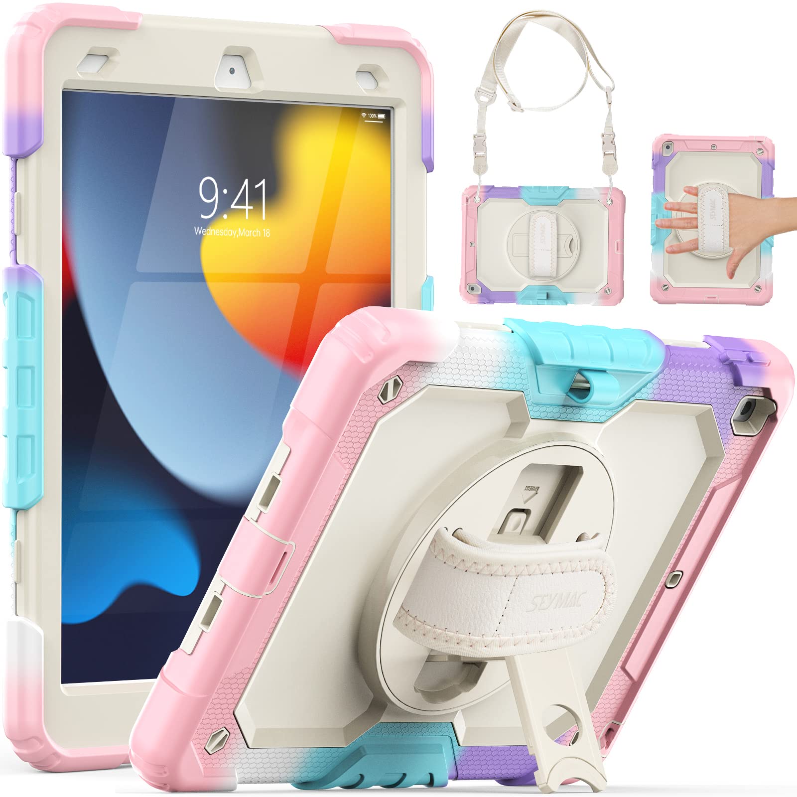 SEYMAC Case for iPad 9th Generation Kids, iPad 10.2 Case 2021, iPad Protective Kidsproof Case with Screen Protector, Hand Strap/Kickstand, Pencil Holder, iPad 7th/8th Gen Case 2020/2019, Colorful Pink