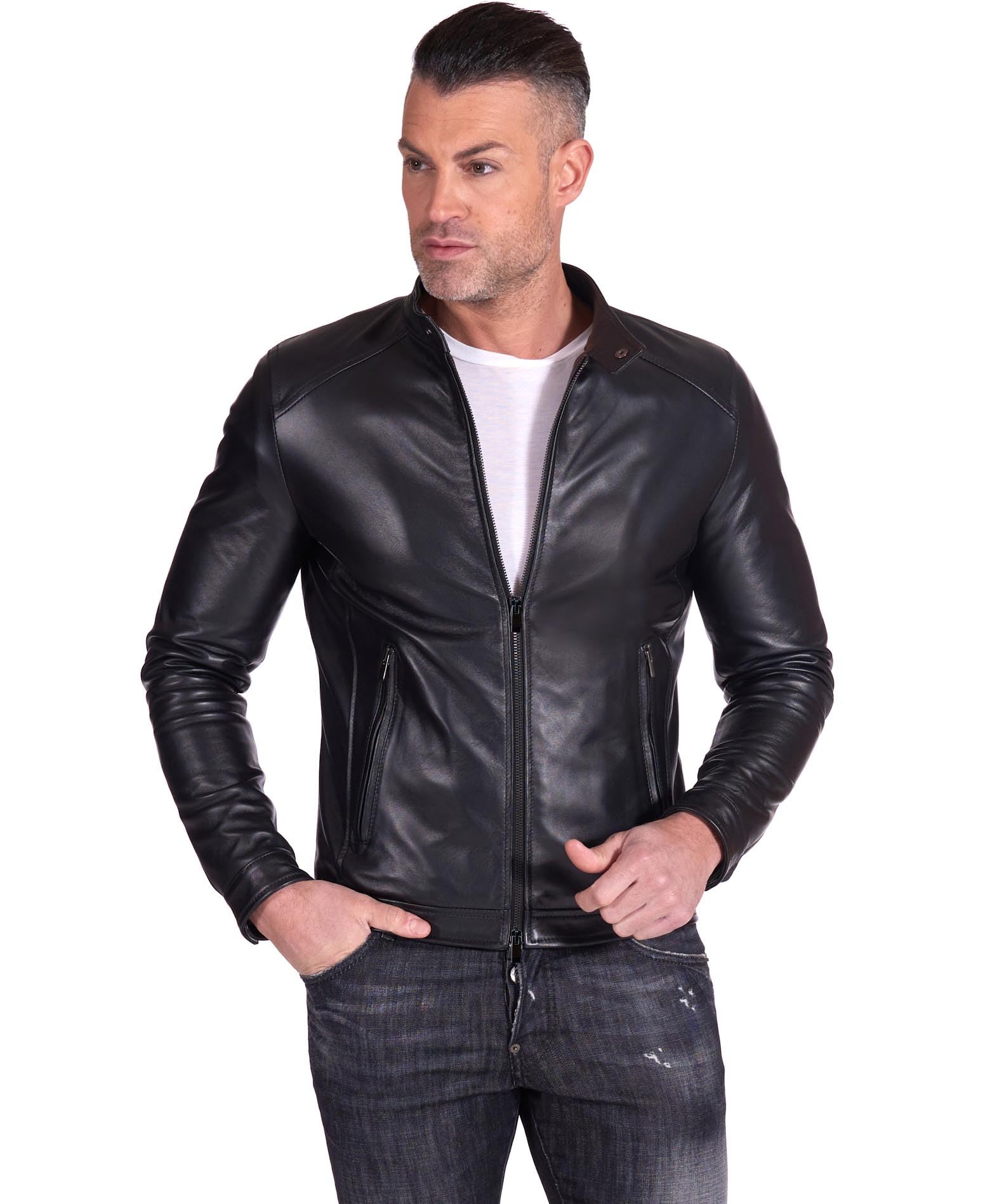 D'Arienzo Giacca Pelle Blu Uomo Giubbino Biker Vera Pelle Made in Italy Ted