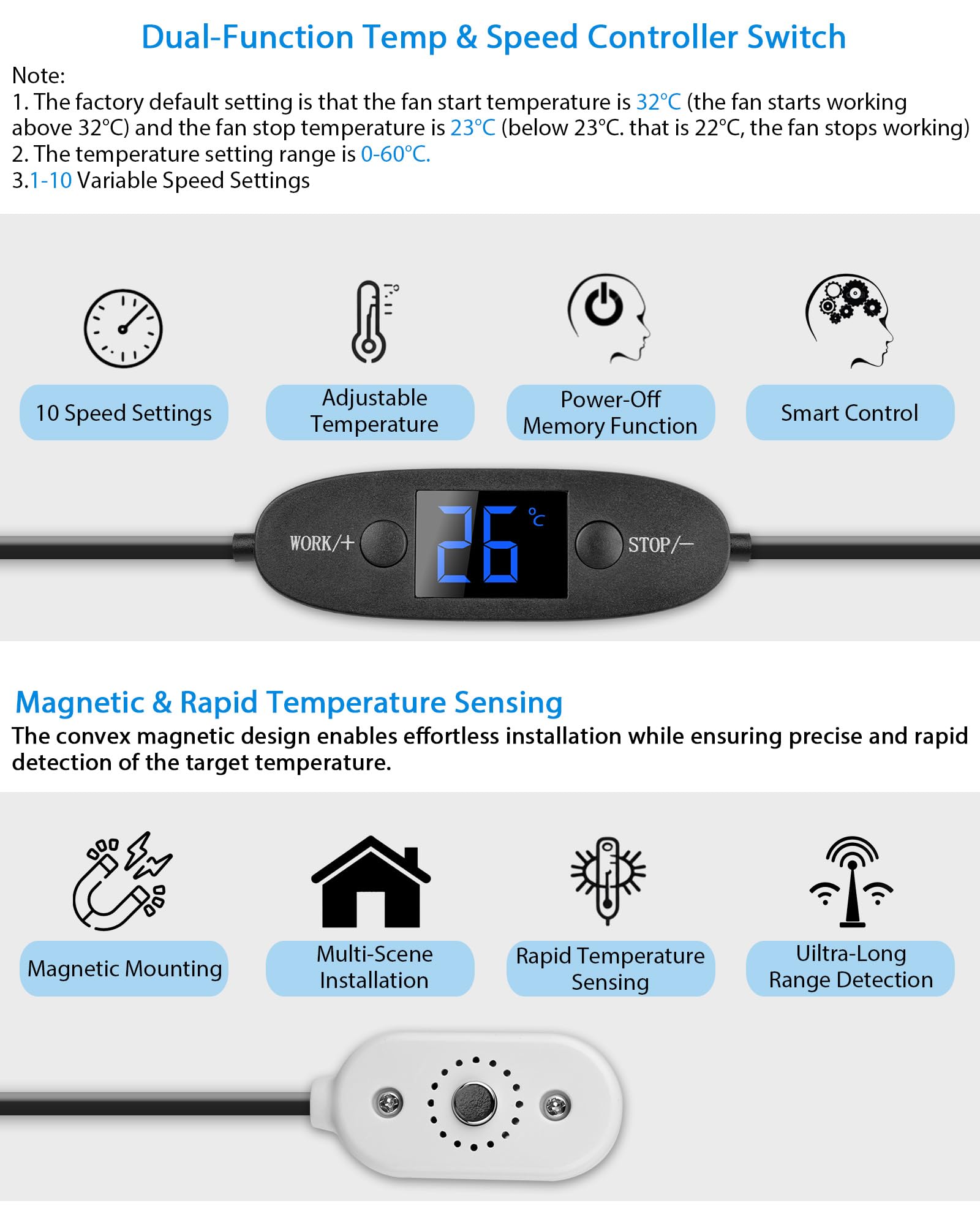 USB 120mm Wohnmobil-Lüftungsventilator, 3-in-1 Digitalanzeige temperaturgesteuertes leises Lüftersystem, 10 Geschwindigkeitsstufen, IPX5, Spannung 5-12V, für Wohnmobile, Camper, grau-weiß