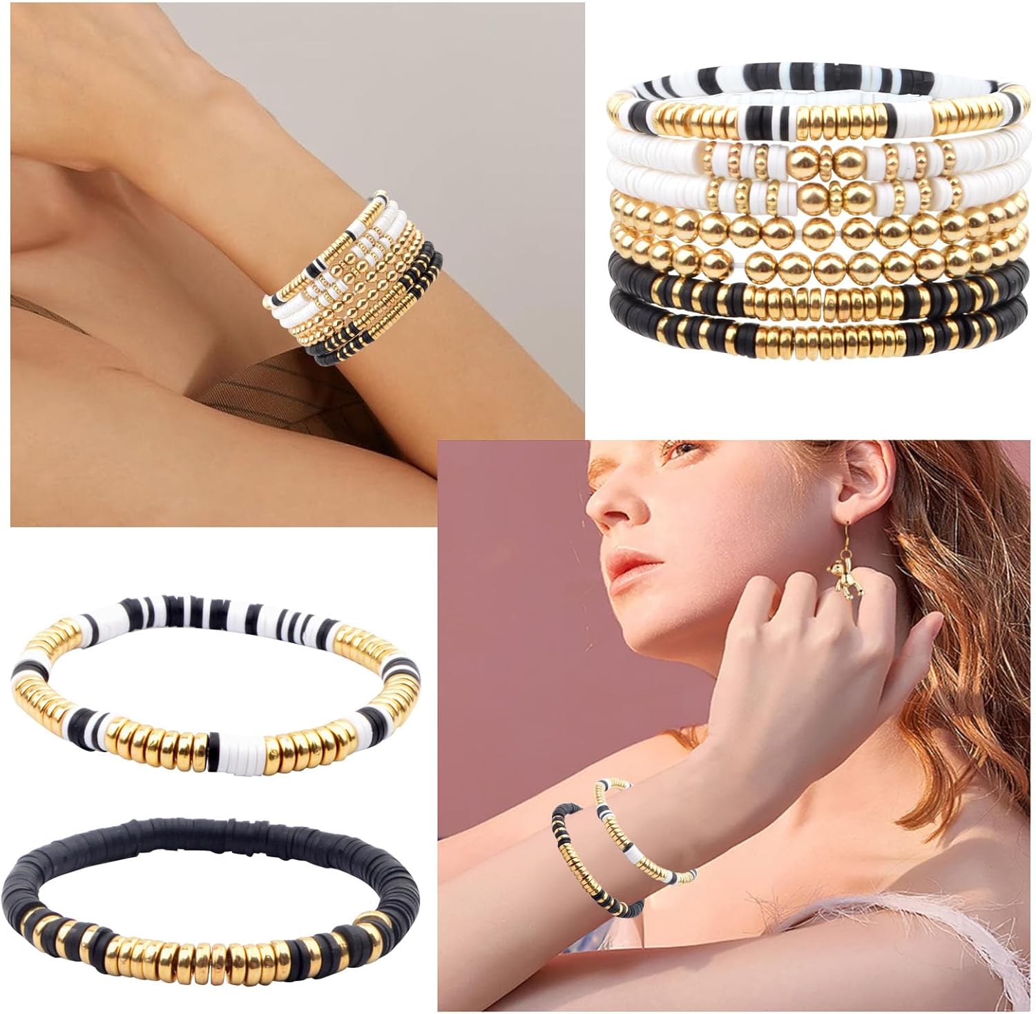 7pcs Surfer Heishi Clay Bead Bracelets Bohemian Stackable Gold Colorful Beaded Stretch Elastic Layering Friendship Bracelet Summer Beach Boho Jewelry Set for Women Birthday Gift - Image 4