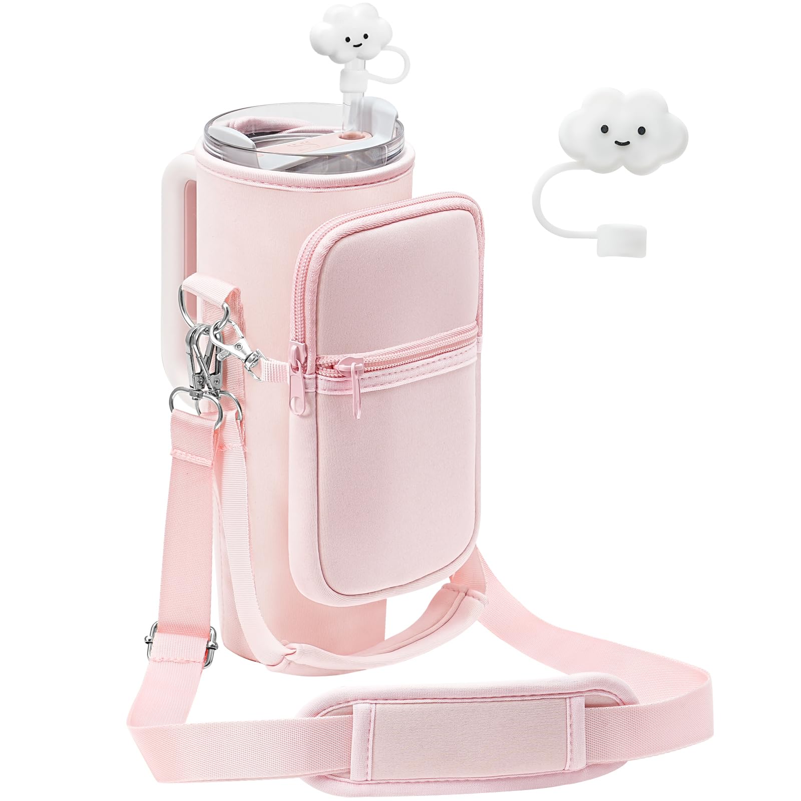 PRAGATISM Water Bottle Carrier Bag with Pouch for Stanley 30 oz Tumbler with Handle, Neoprene Water Bottle Holder Pocket with Adjustable 4.9FT Strap, Bottle Pouch for Stanley Cup Accessories