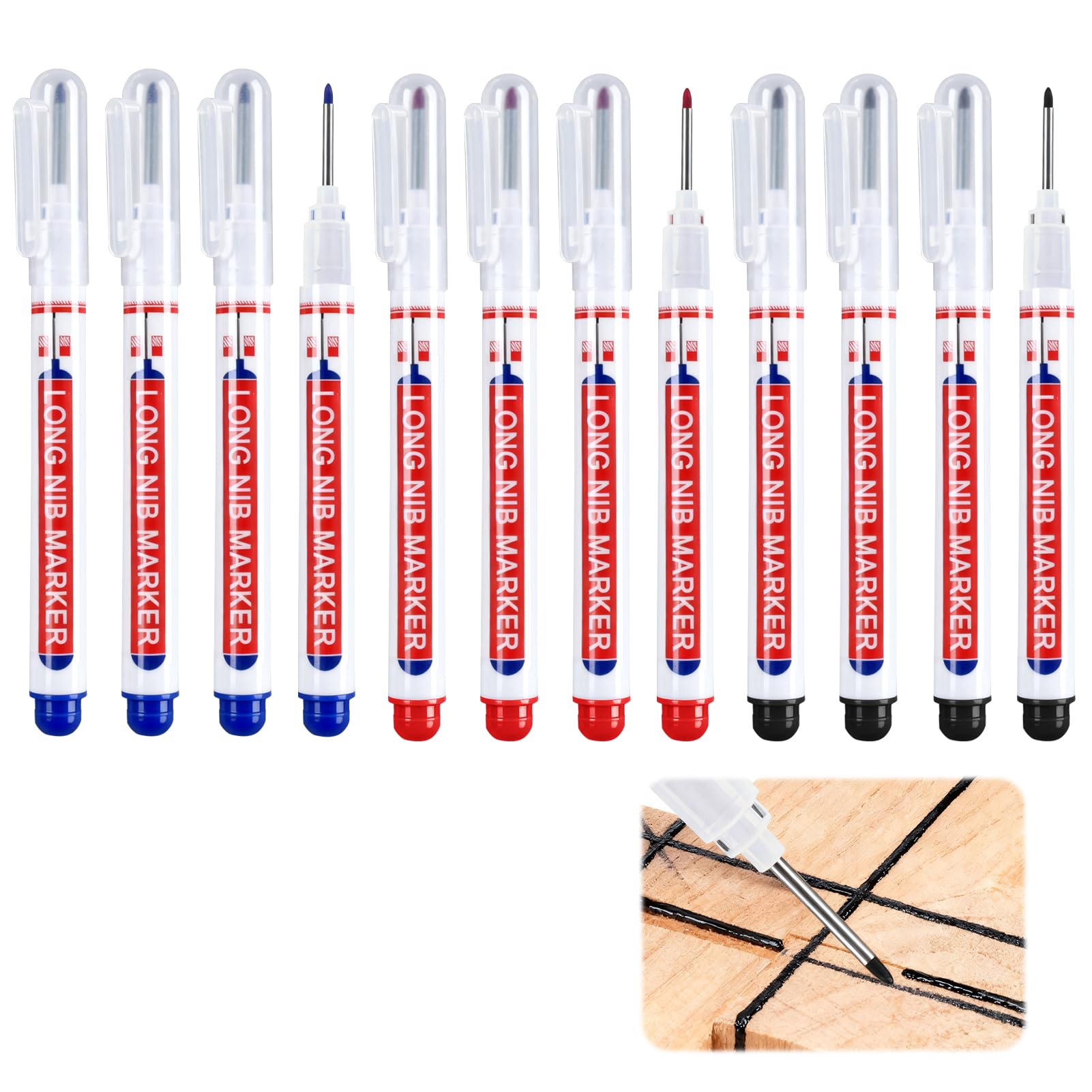 12 Piezas Marcadores de Agujeros Profundos, Rotuladores de Agujero Profundo Punta Larga 20 mm, Marcadores Impermeables de Secado Rápido para Madera Metal Plástico Cartón, Carpintería (Negro Azul Rojo)