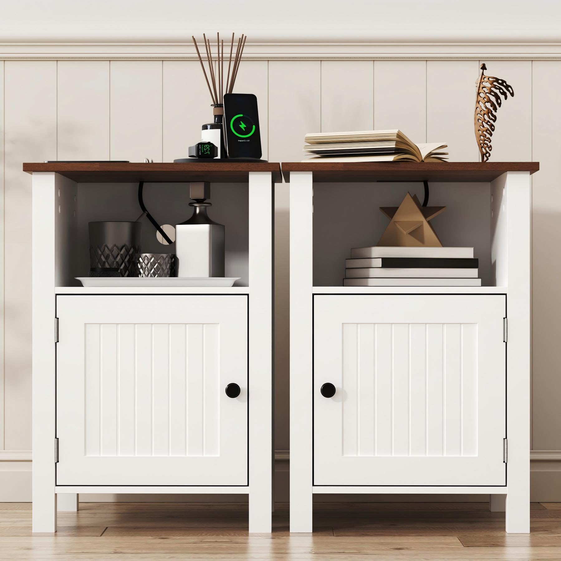 Furnify Farmhouse Nightstand Set of 2, Night Stand with Charging Station and USB Port, Modern Nightstand with Storage Shelf, Rustic Side Table with
