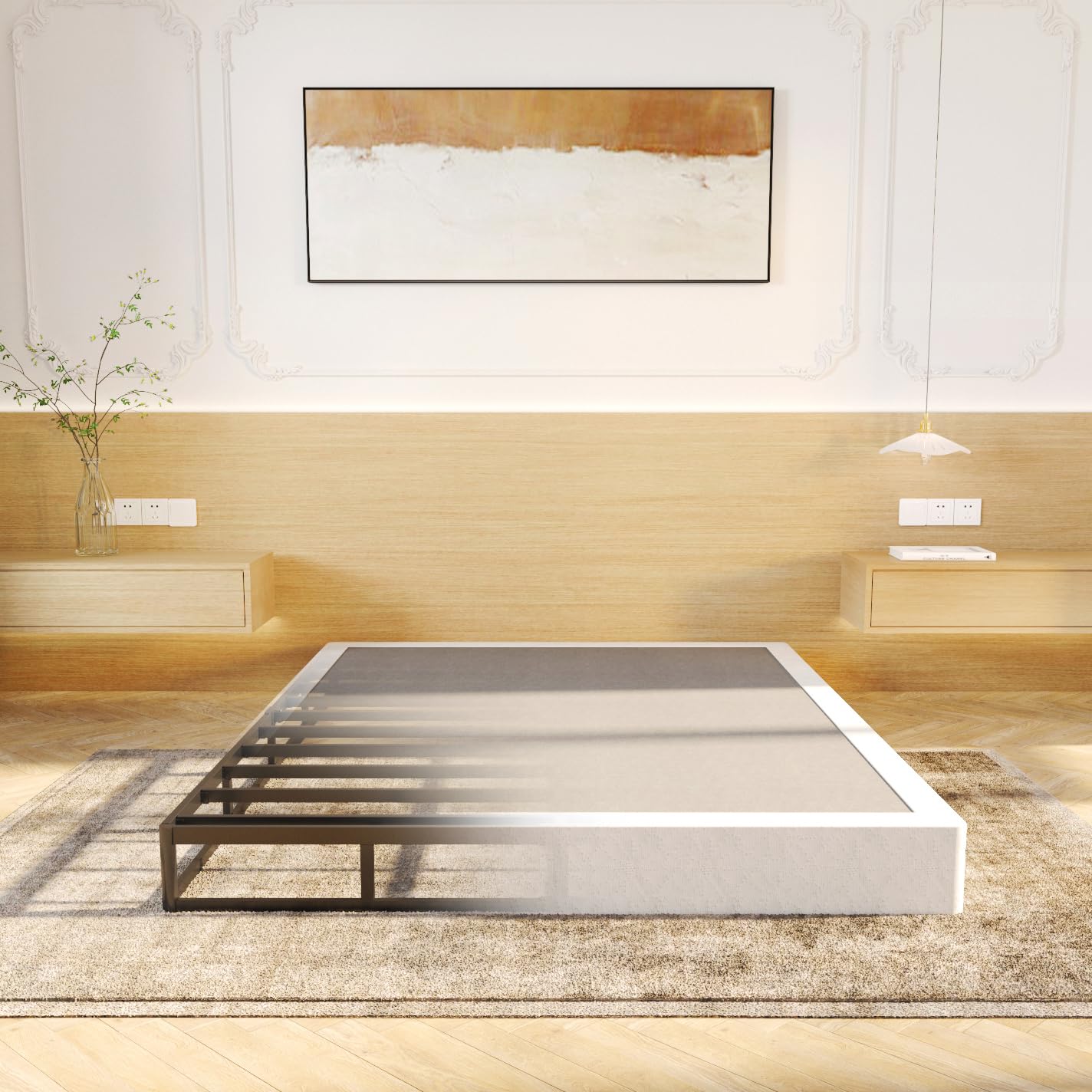 LUMUNANCE Box Spring Queen Size Bed Base, 7-Inch Height Metal Queen Mattress Foundation with Fabric Cover, Easy Assembly