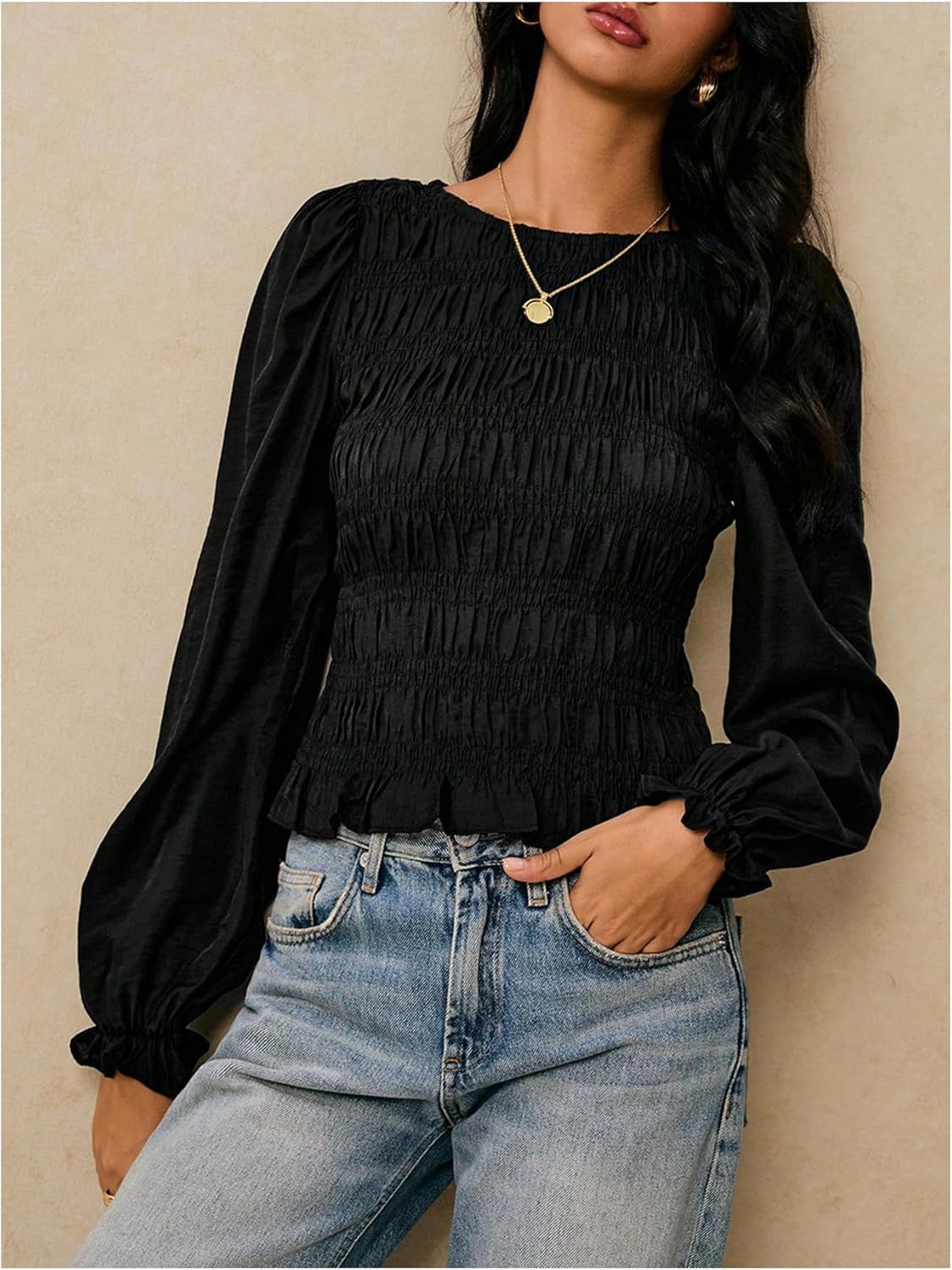 SHENHE Women's Puff Long Sleeve T Shirt Crew Neck Shirred Ruffle Fitted Tee Tops - Image 3