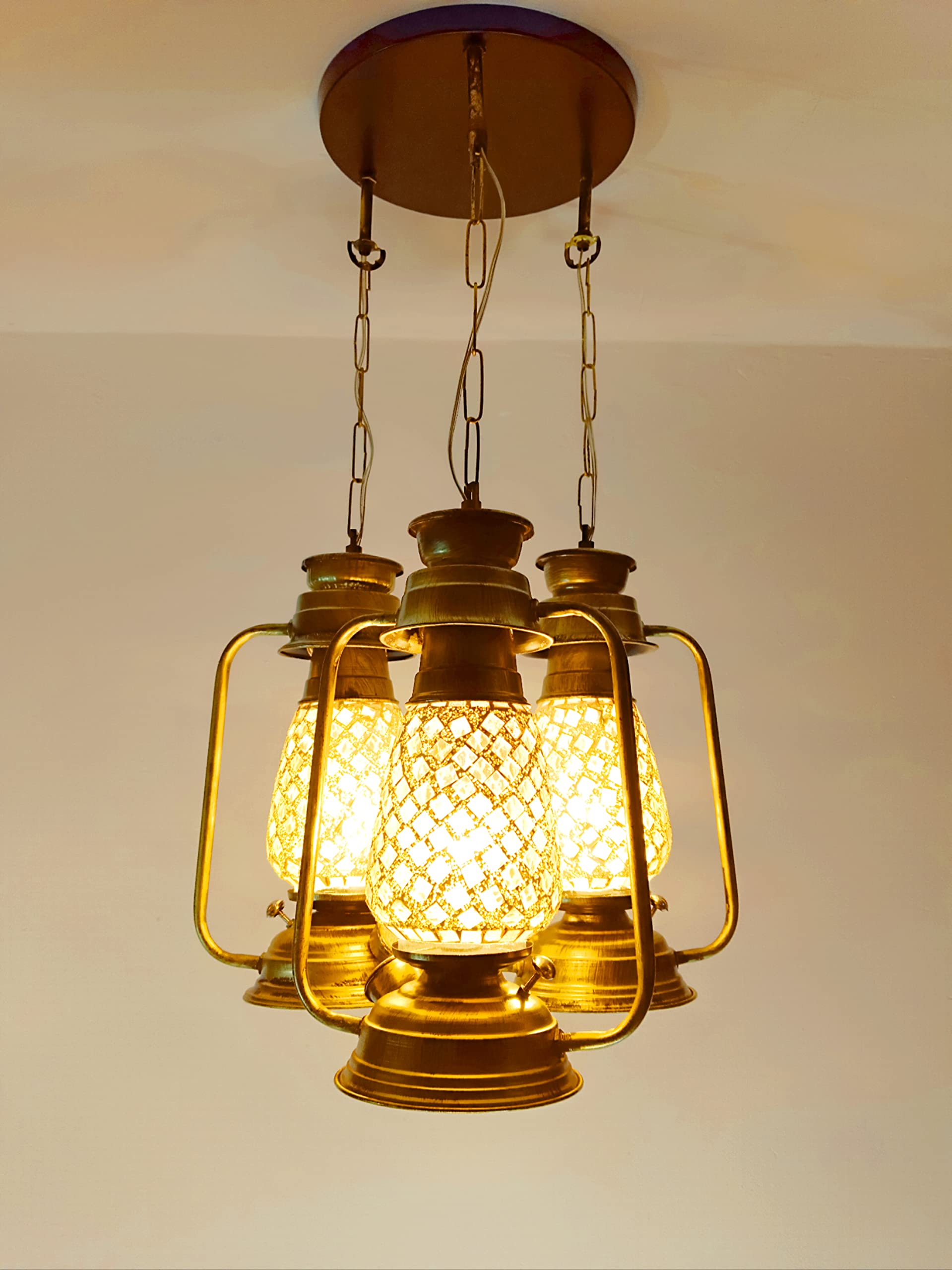 PR Star 3D Antique Gold Lalten 3-Light Round Cluster Chandelier Hanging Ceiling Lamp | Mosaic Glass Pendant Light for Bedroom, Living Room, Dining Area & Restaurant-image-8