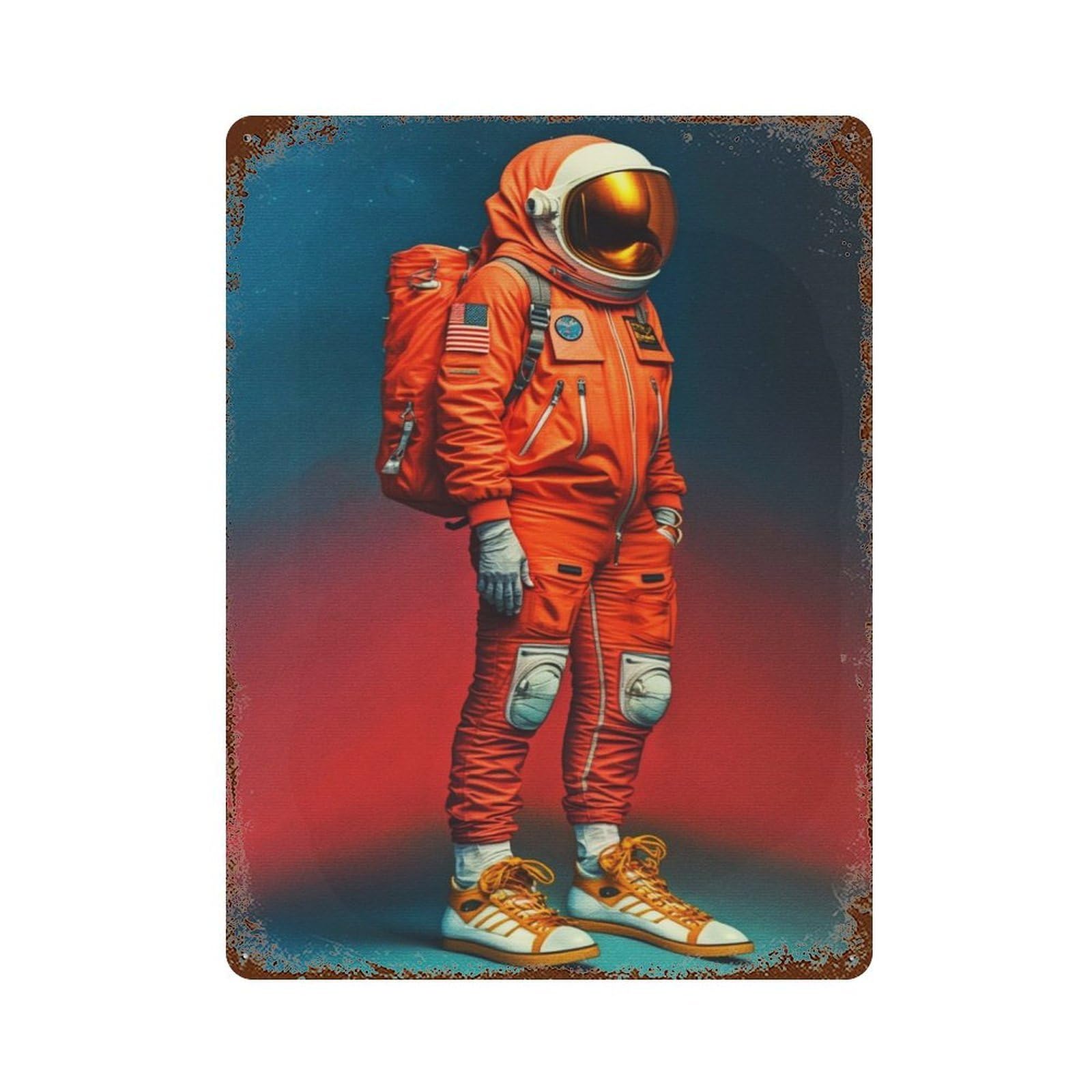 Aged Metal Wall Plaque with Astronaut Style Design 15.7"x11.8", for Basement, Hobby Room And Garage Decor, Farmhouse Wall Decor