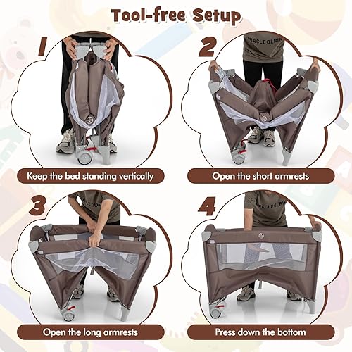 Miniatura 4 de HONEY JOY Pack and Play con moisés, 5 en 1, cuna para bebé junto a la cama con mesa de cambio de pañales y bolsa de almacenamiento, arco de juguetes