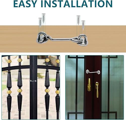 Miniatura 5 de Paquete de 2 ganchos de puerta de 4 pulgadas y pestillo de ojo de alta resistencia para puerta, puerta, granero, cobertizo, color plateado