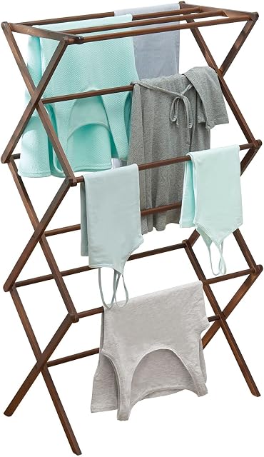 mDesign Bamboo Clothes Rack  Pull-Out Clothes Airer with 3 Tiers  Space-Saving Clothes Horse with Modern Design  Espresso Brown