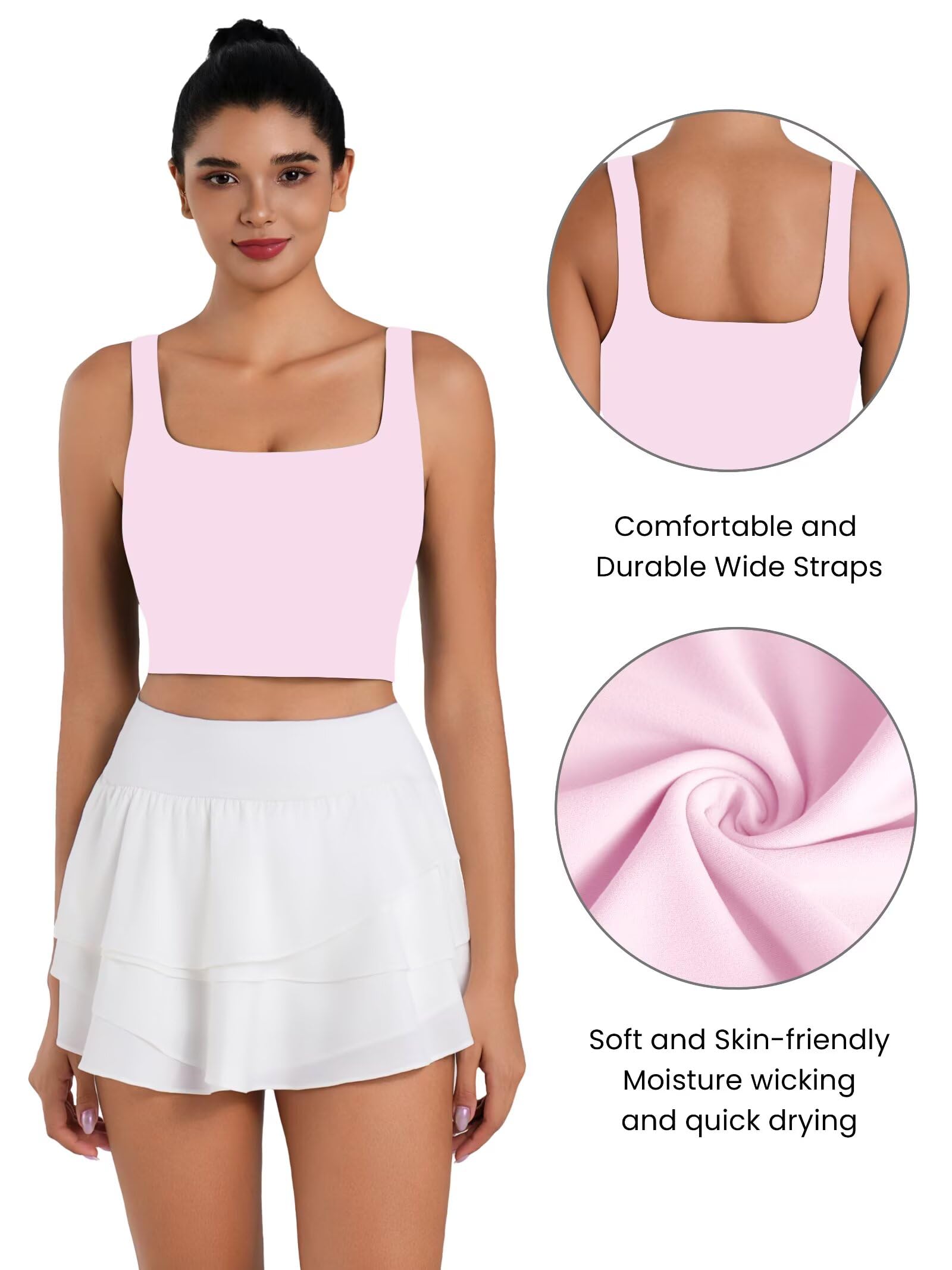 Sunzfly - Brasier deportivo de cuello cuadrado para mujer con almohadillas extraíbles, brasier integrado, camiseta sin mangas para verano, entrenamiento, yoga
