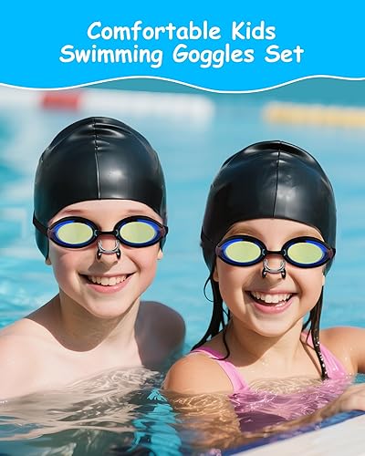 Miniatura 7 de Gafas de natación para niños, antivaho y protección UV con gorro de natación para niños de 3 a 15 años