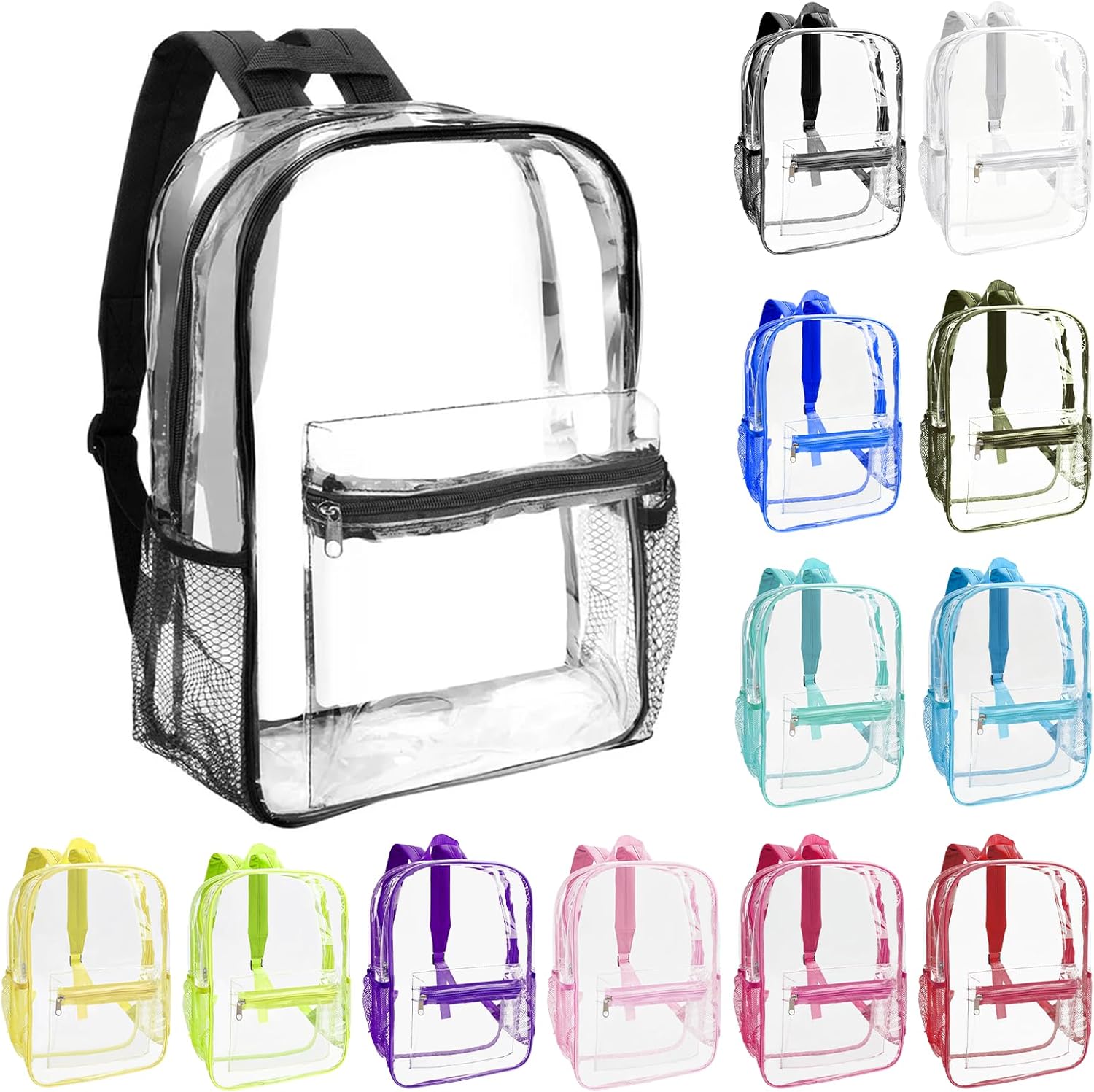 24-Pack 15'' Clear Backpacks for School – Transparent Bookbags for Kids, Heavy Duty PVC Clear Bags with Reinforced Straps, Bulk Back Pack for Girls Boys Elementary, Middle & High School,12 Colors