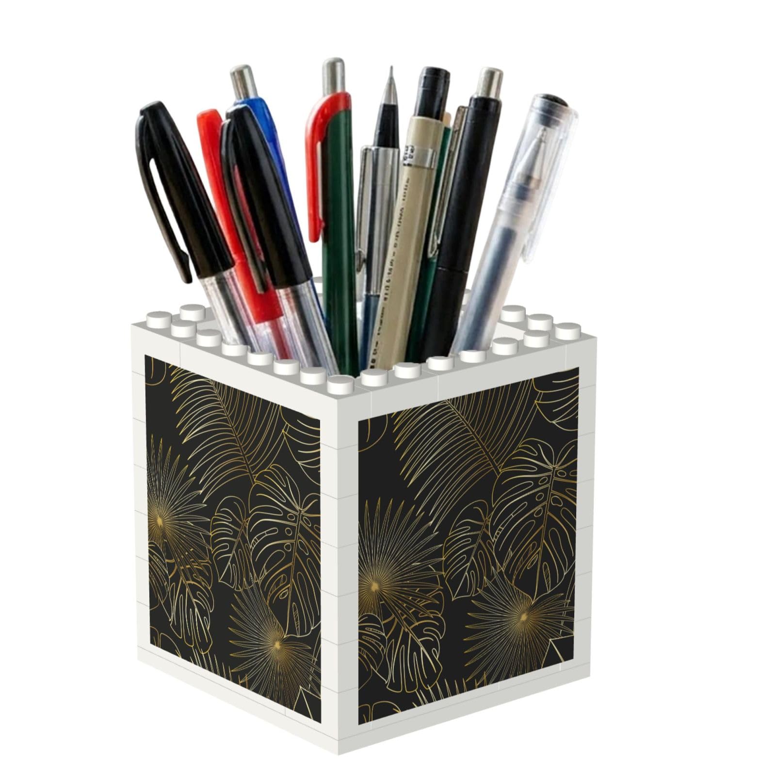 Poadnly Seamless Pattern Of Exotic Jungle Tropical Golden Palm Leaves, Pen Pot Pencil Holder for Office Home School, Compact Desk Organiser for Office Stationery